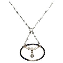 Antique Edwardian Diamond Pearl and Sapphire Platinum on Gold Lavaliere Necklace