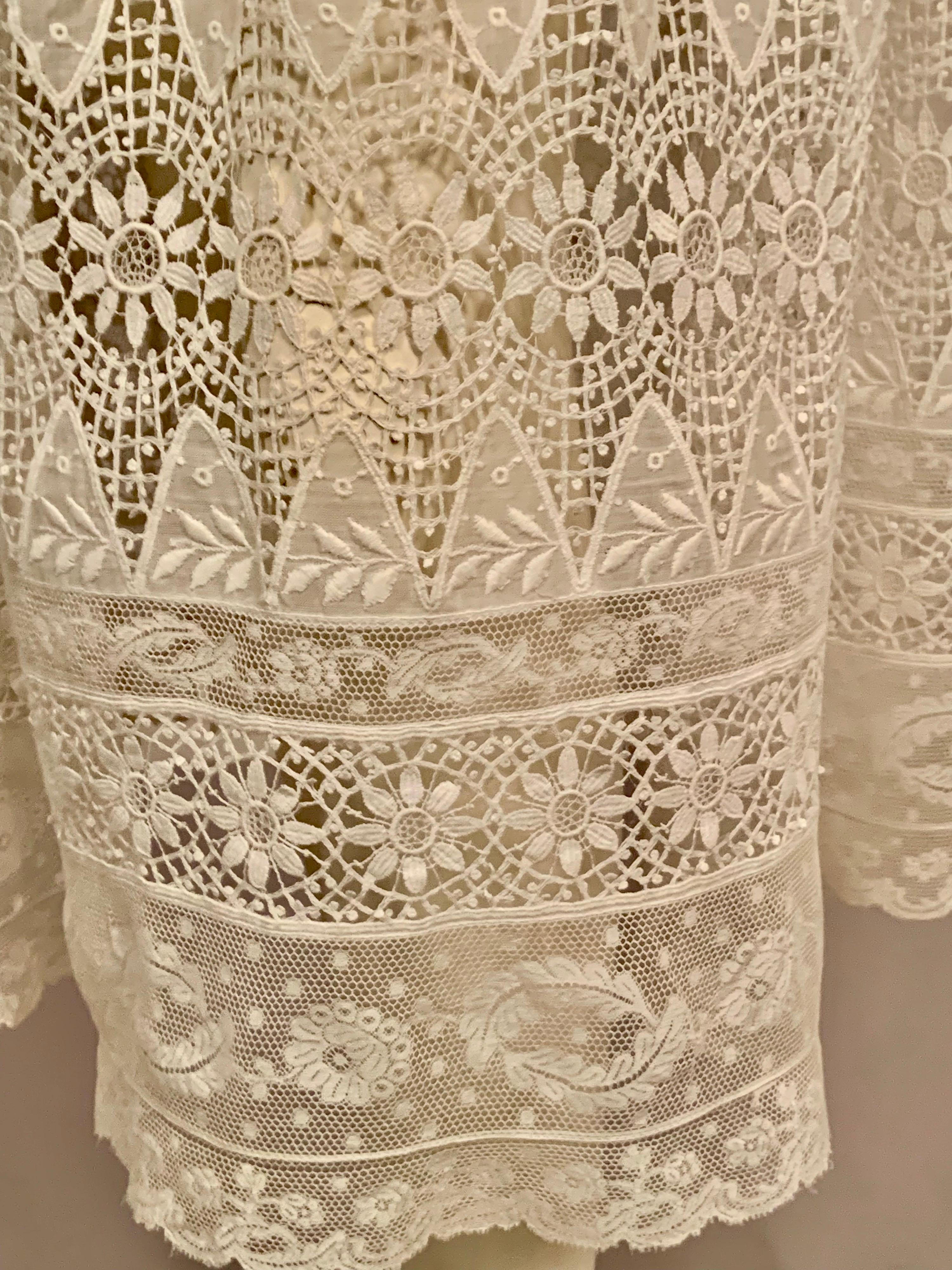 Vintage Edwardian Embroidered Linen and Lace White Dress For Sale at