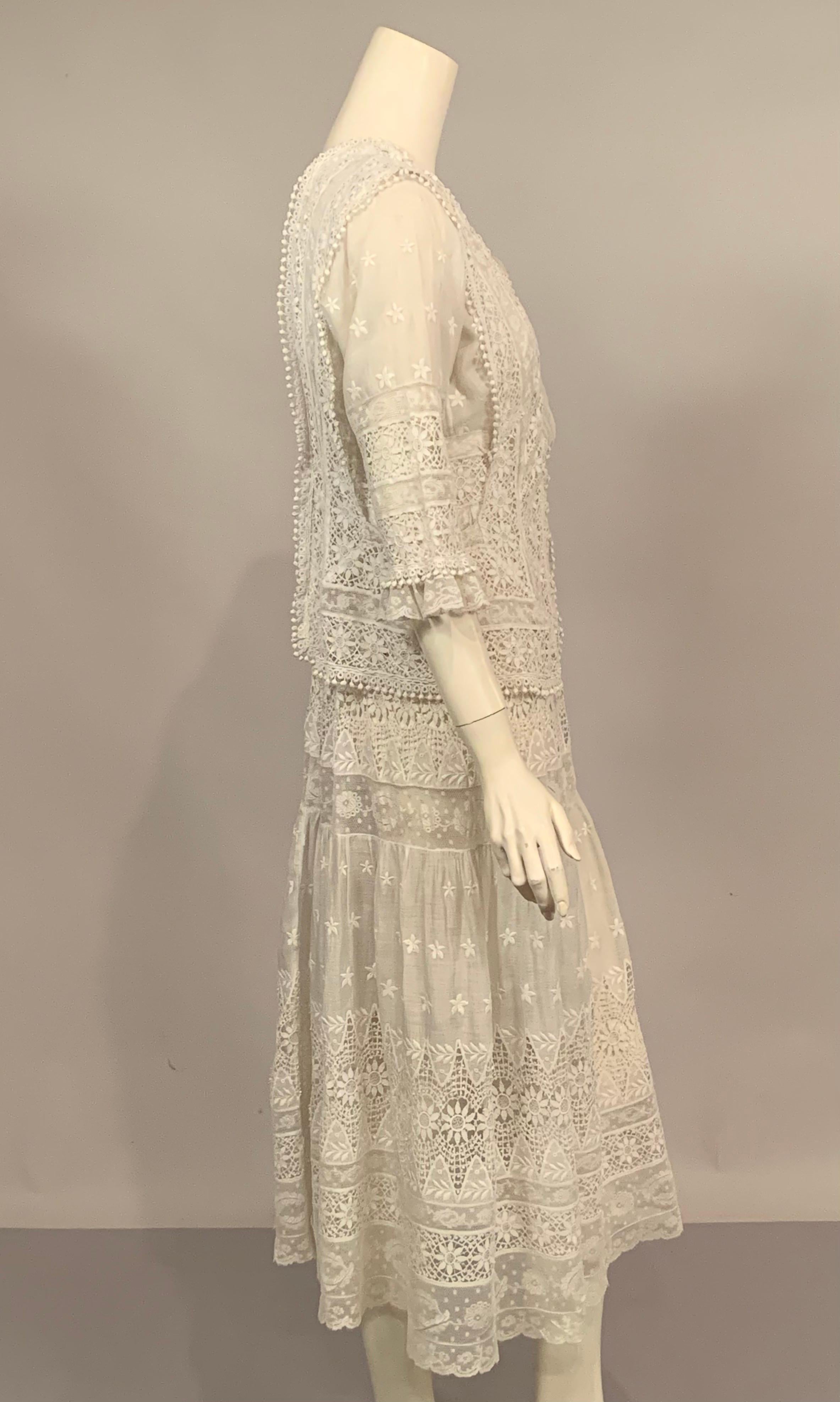Vintage Edwardian Embroidered Linen and Lace White Dress For Sale at