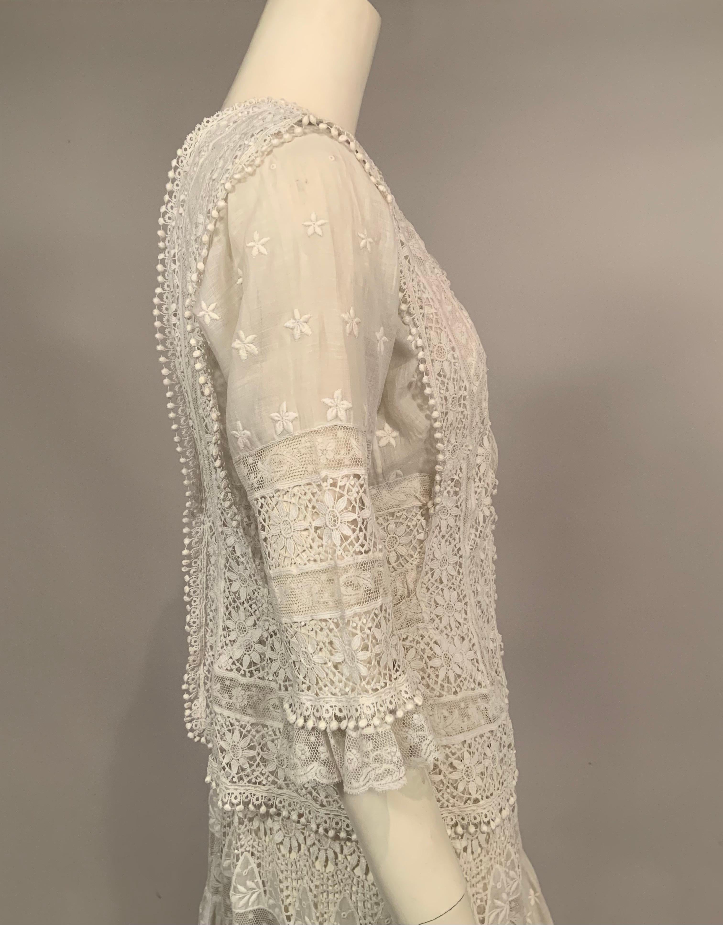 Women's Vintage Edwardian Embroidered Linen and Lace White Dress For Sale