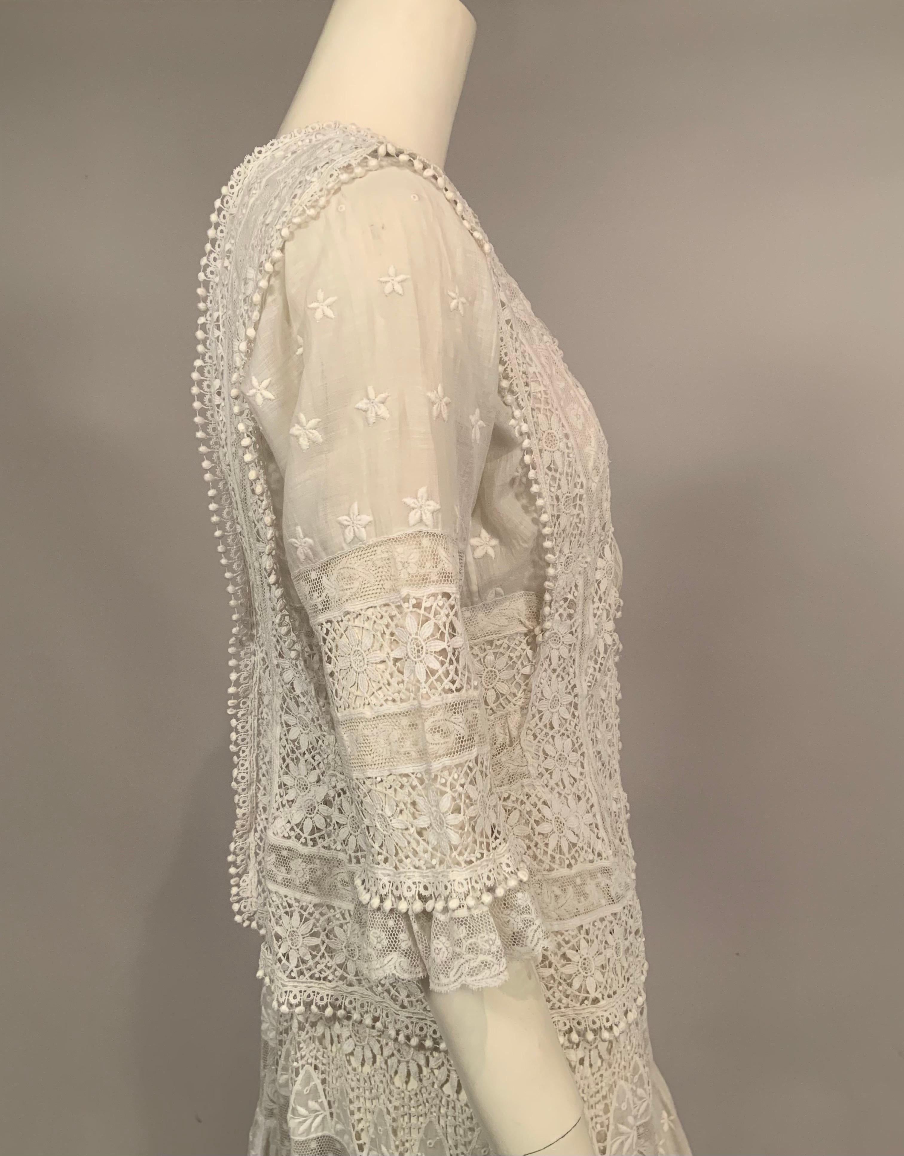 Vintage Edwardian Embroidered Linen and Lace White Dress For Sale at
