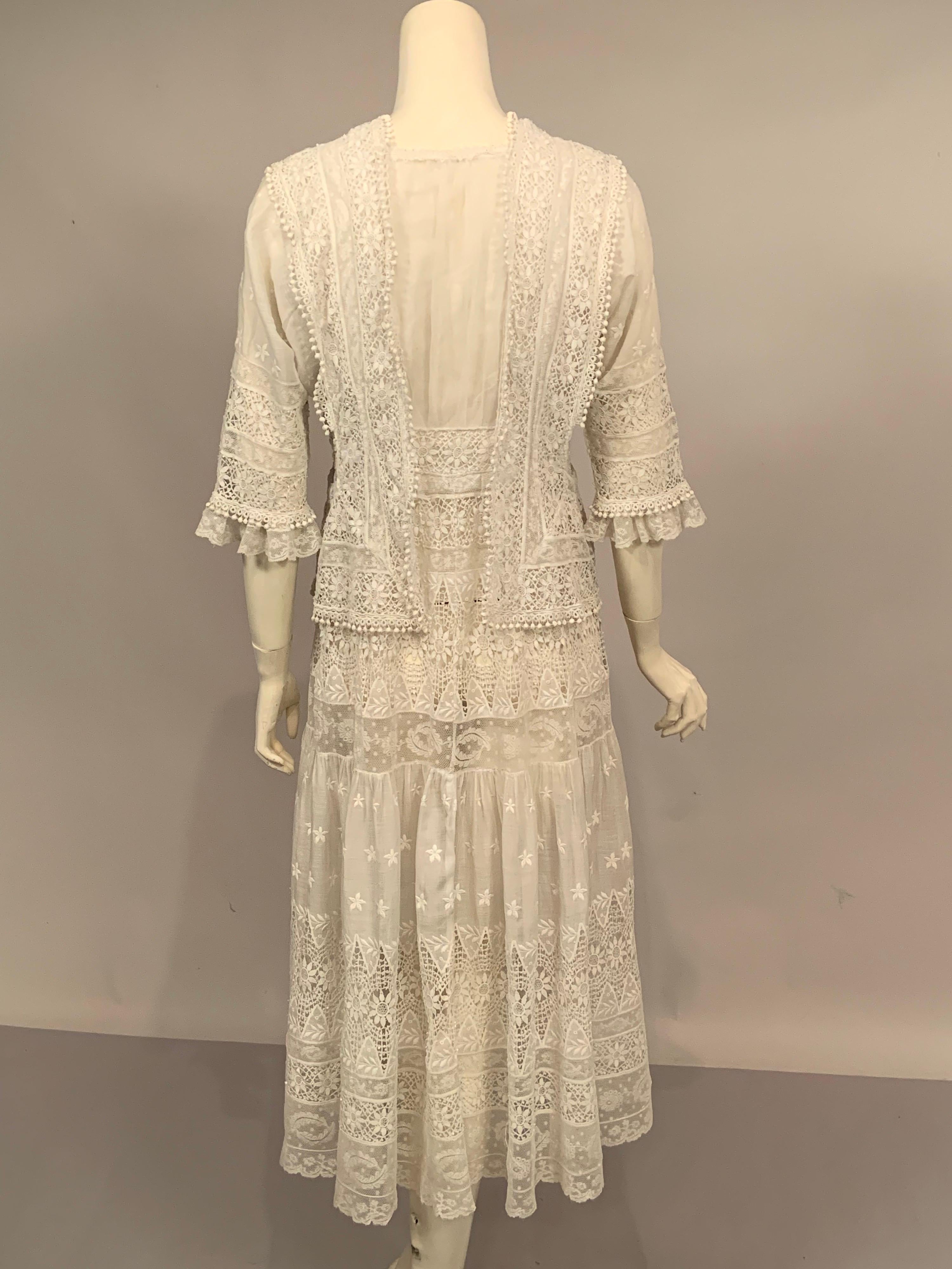 Vintage Edwardian Embroidered Linen and Lace White Dress For Sale at