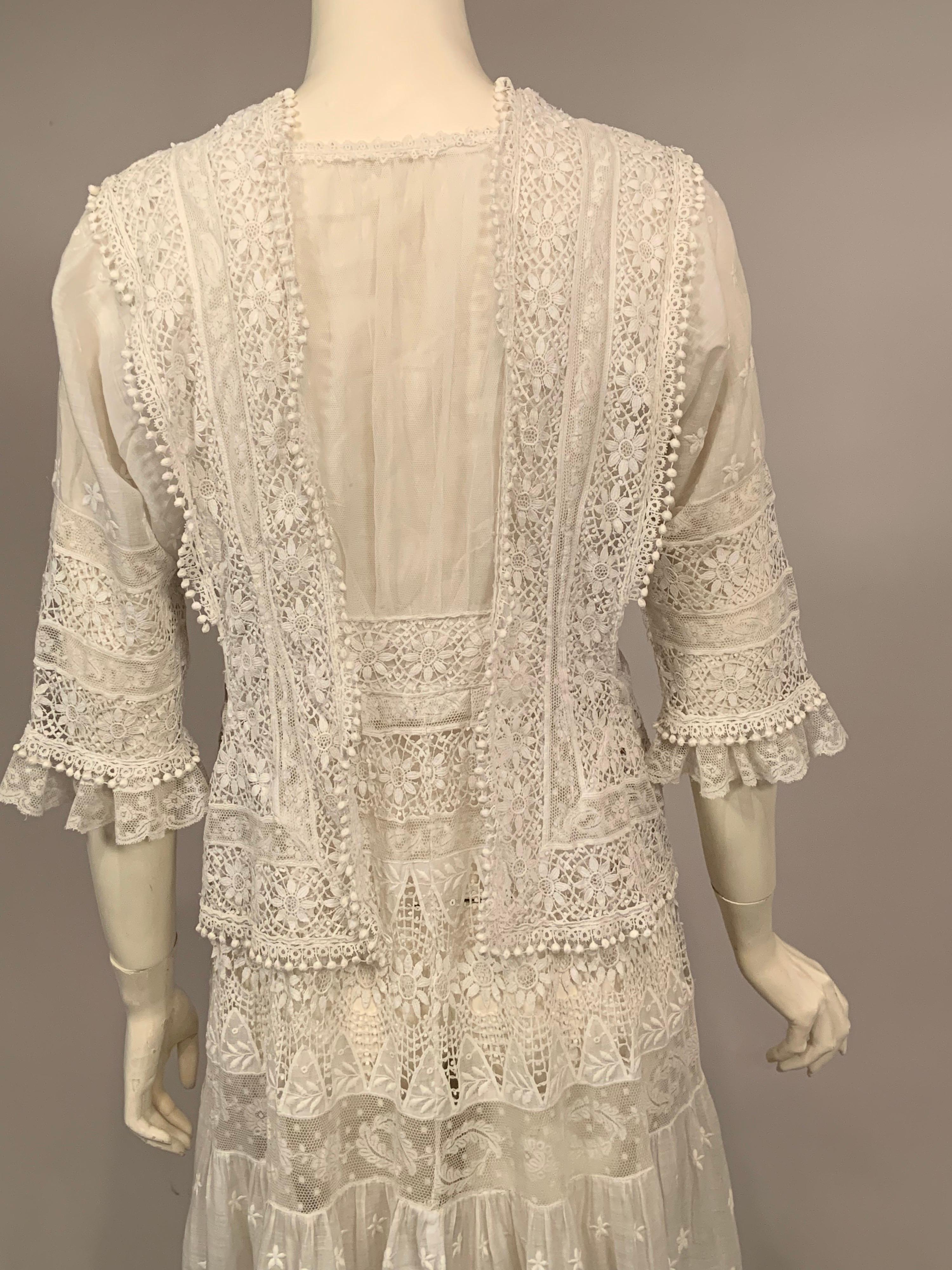 Vintage Edwardian Embroidered Linen and Lace White Dress For Sale at
