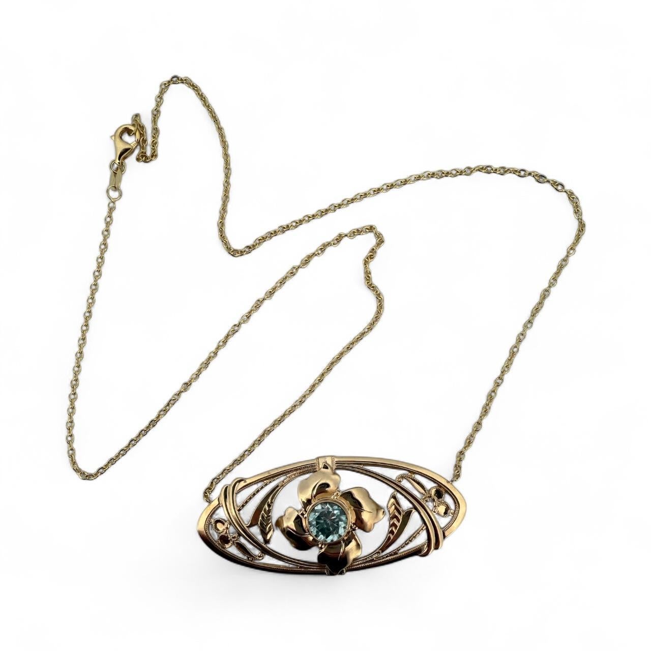 Édouardien Vintage Edwardian Era Blue Zircon Brooch Conversion Necklace 14K Yellow Gold en vente