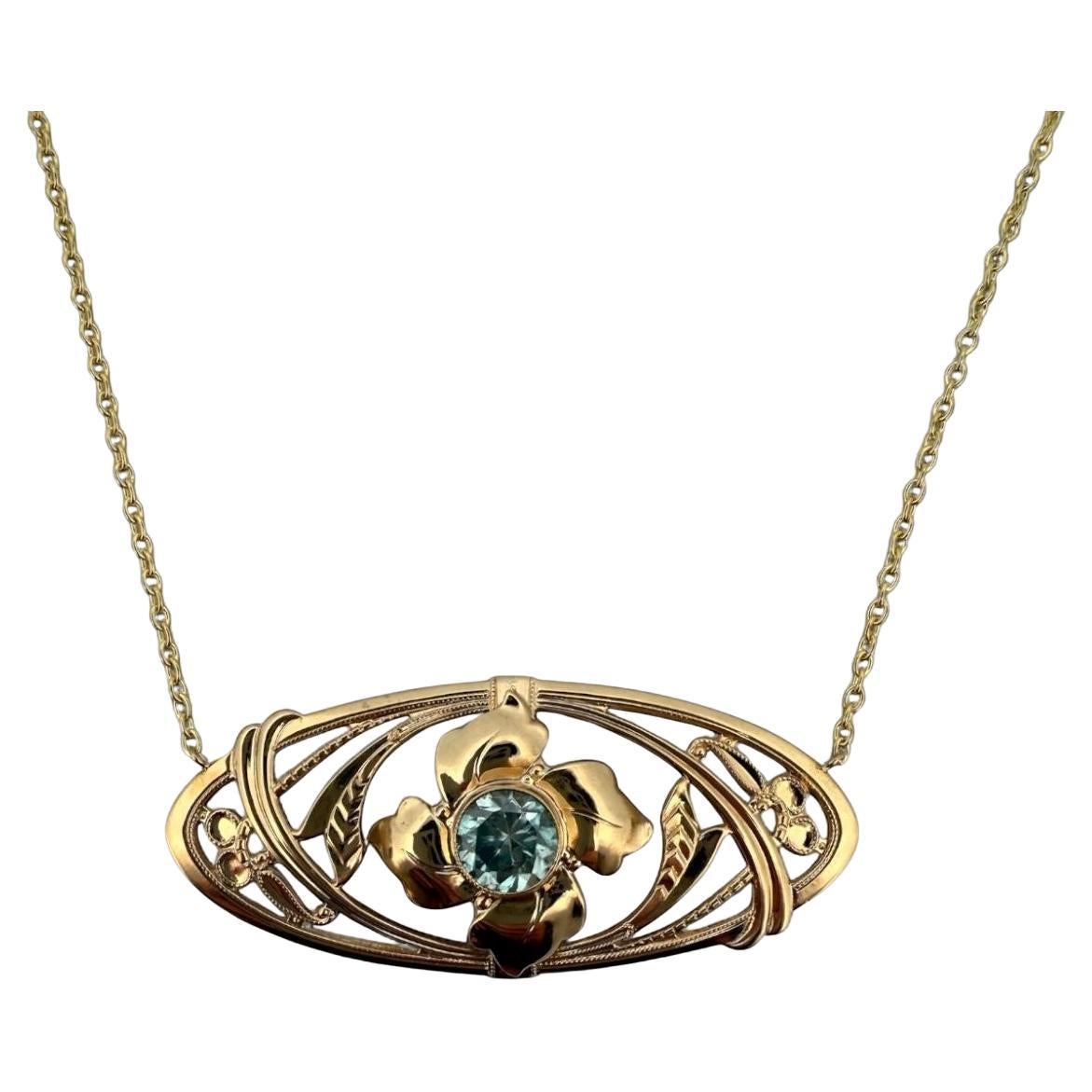 Vintage Edwardian Era Blue Zircon Brooch Conversion Necklace 14K Yellow Gold en vente