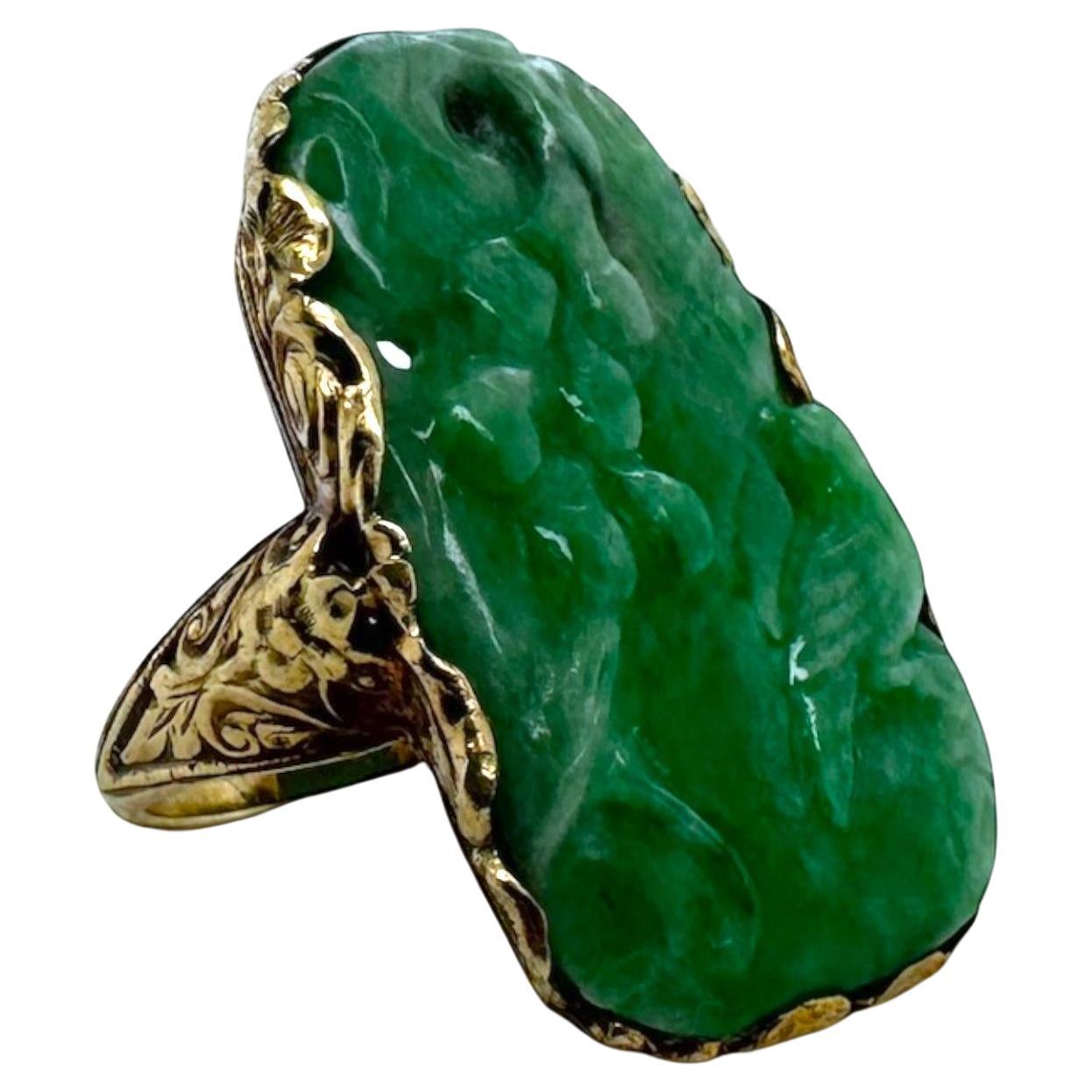 Vintage Edwardian Era Elaborately Carved Jade Ring 14K Yellow Gold