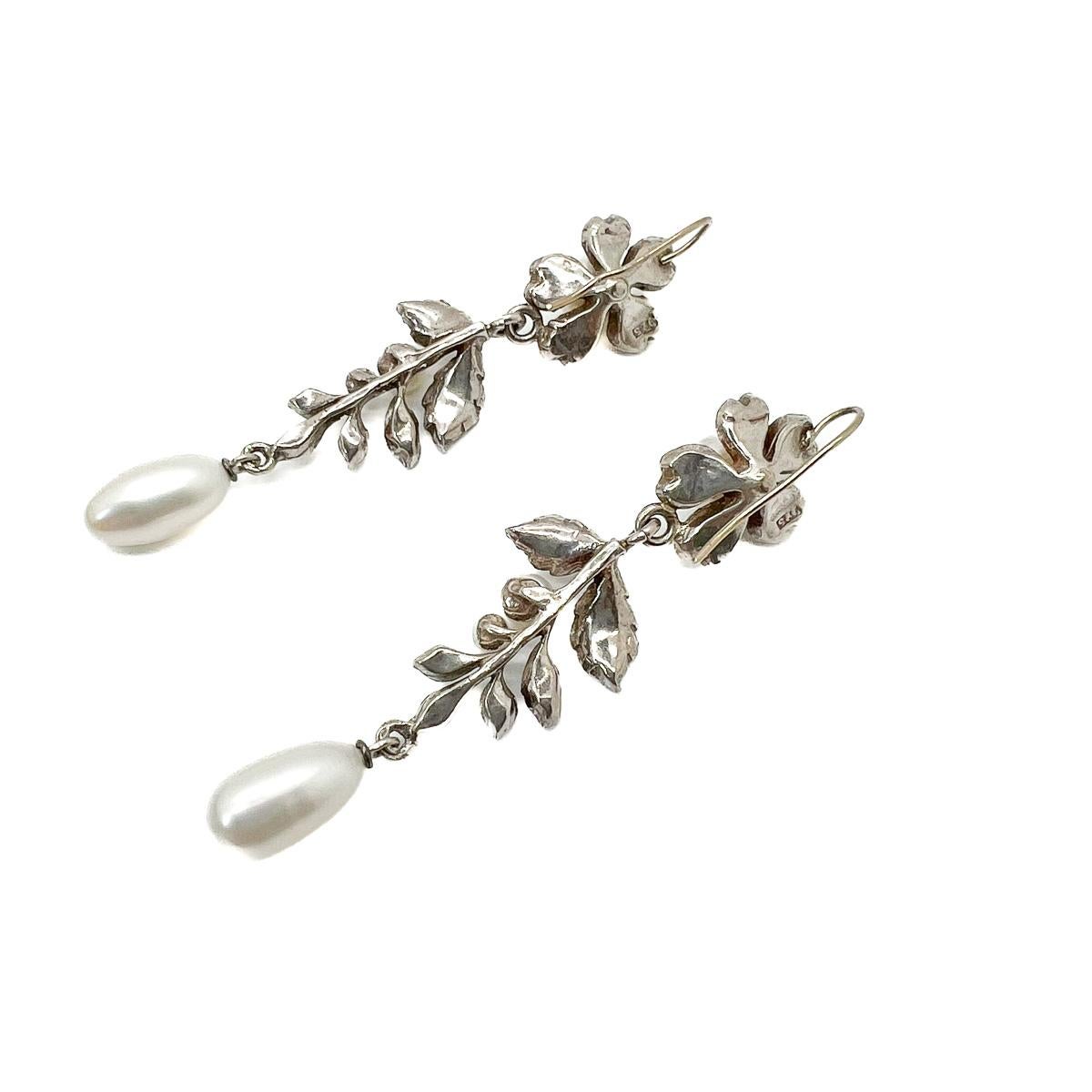 Vintage Edwardian Inspired Silver & Pearl Floral Earrings 1980s For Sale 1