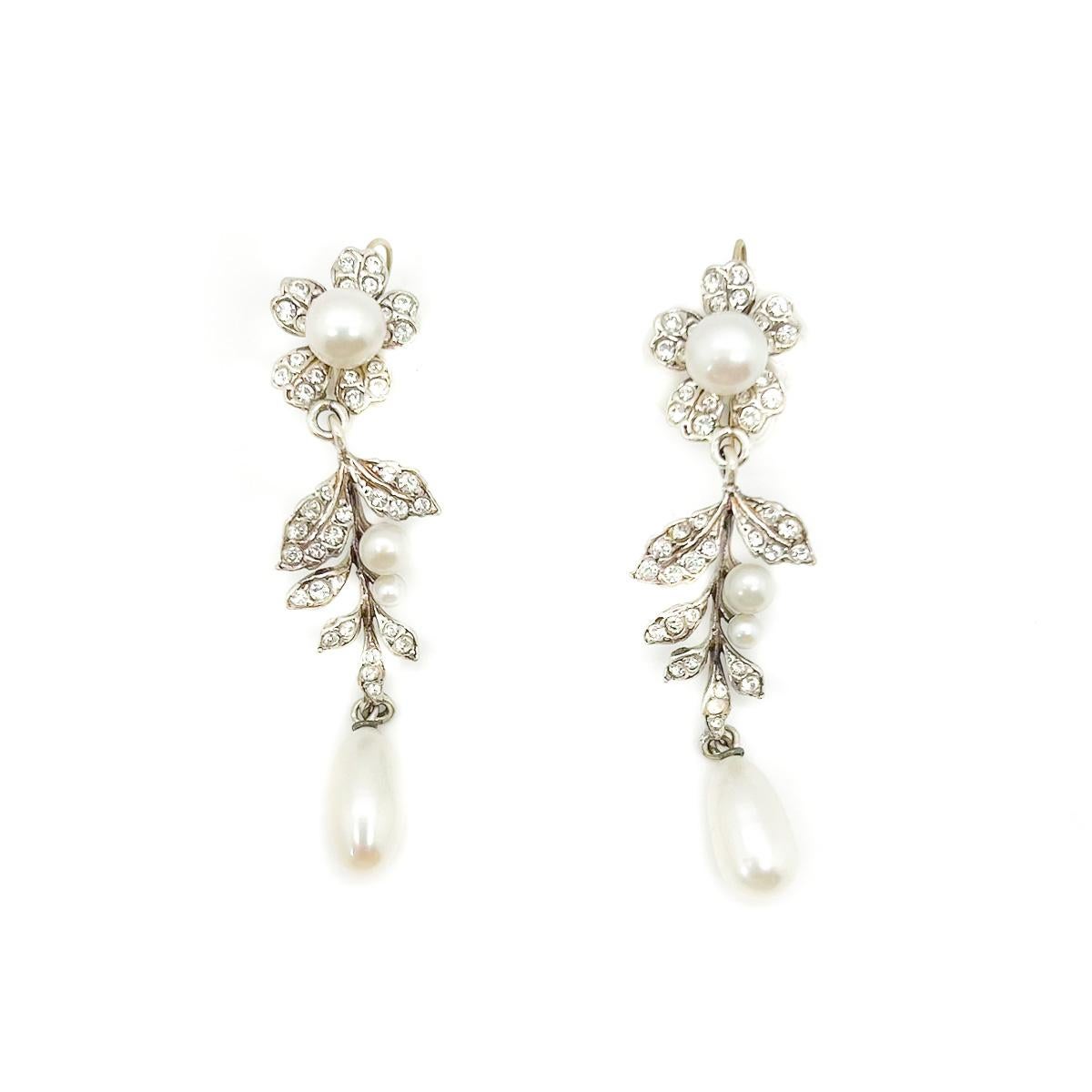 Vintage Edwardian Inspired Silver & Pearl Floral Earrings 1980s For Sale 2