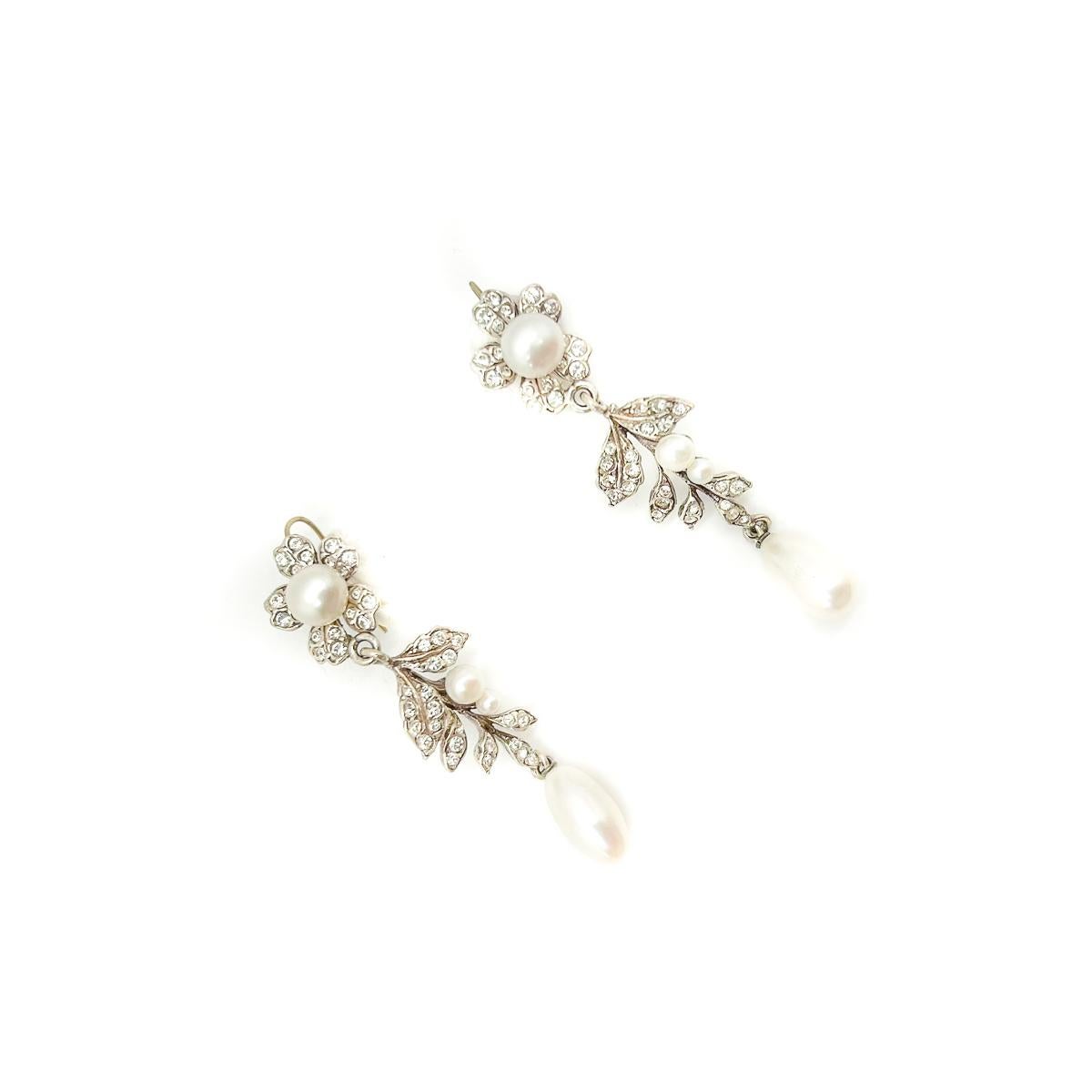 Vintage Edwardian Inspired Silver & Pearl Floral Earrings 1980s For Sale 3