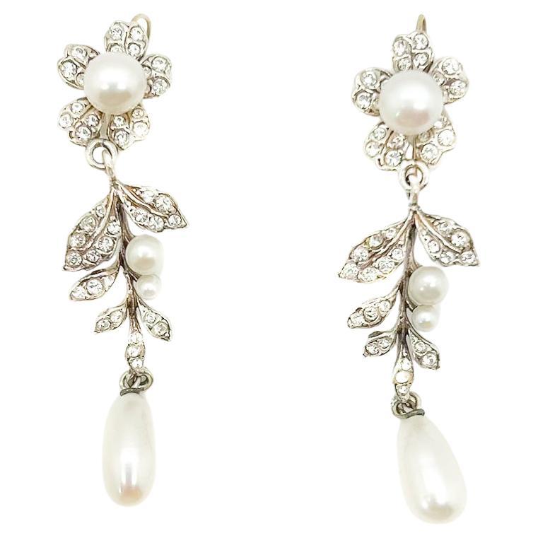 Vintage Edwardian Inspired Silver & Pearl Floral Earrings 1980s For Sale