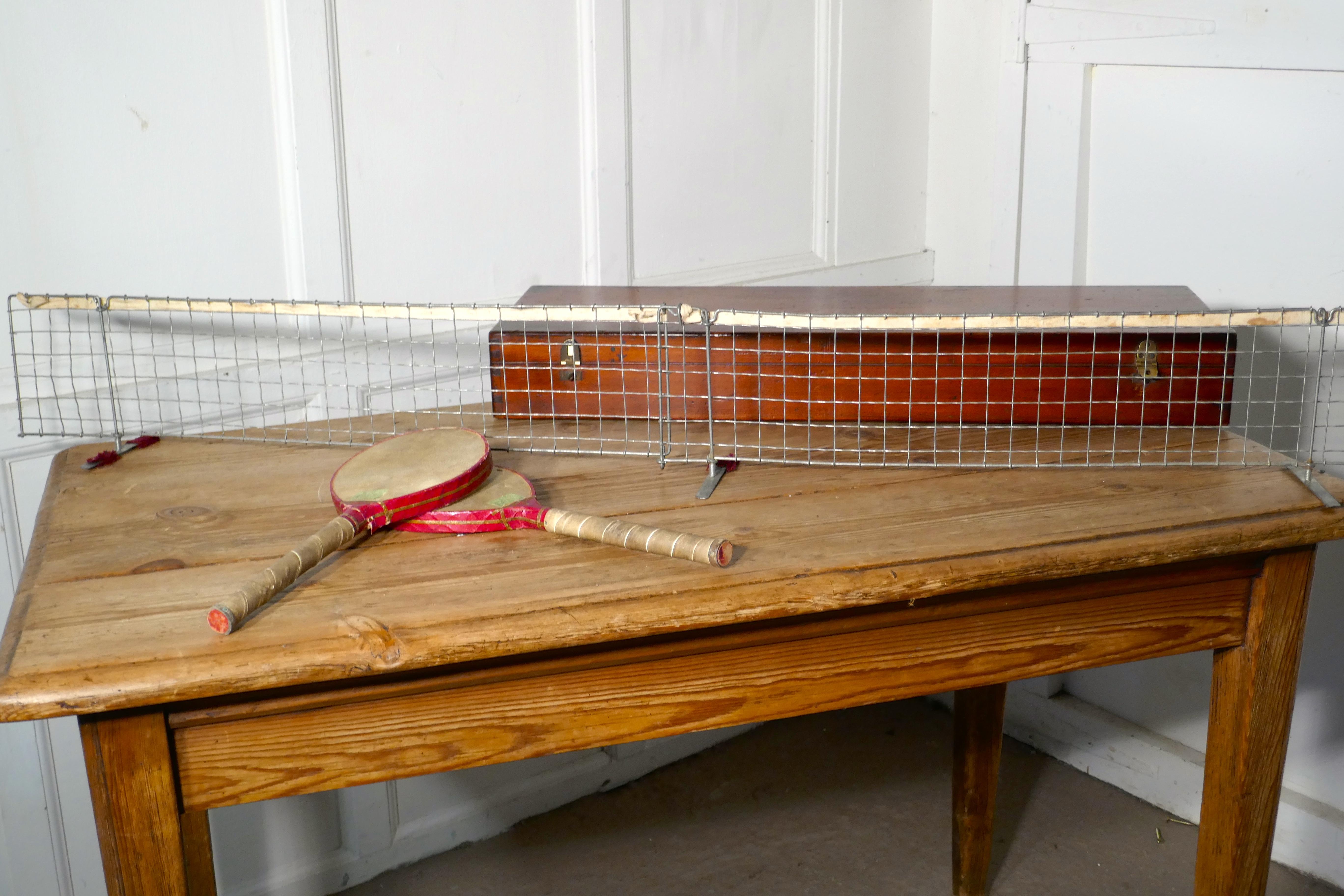 Vintage Edwardian ping pong or table tennis set by Quiggins

A great set, comprising 2 bats wire net (comes in 2 pieces) and solid pine base lined box

Use bur usable condition requires new Ping pong Balls
The box is 4” high, 29” long and 9”