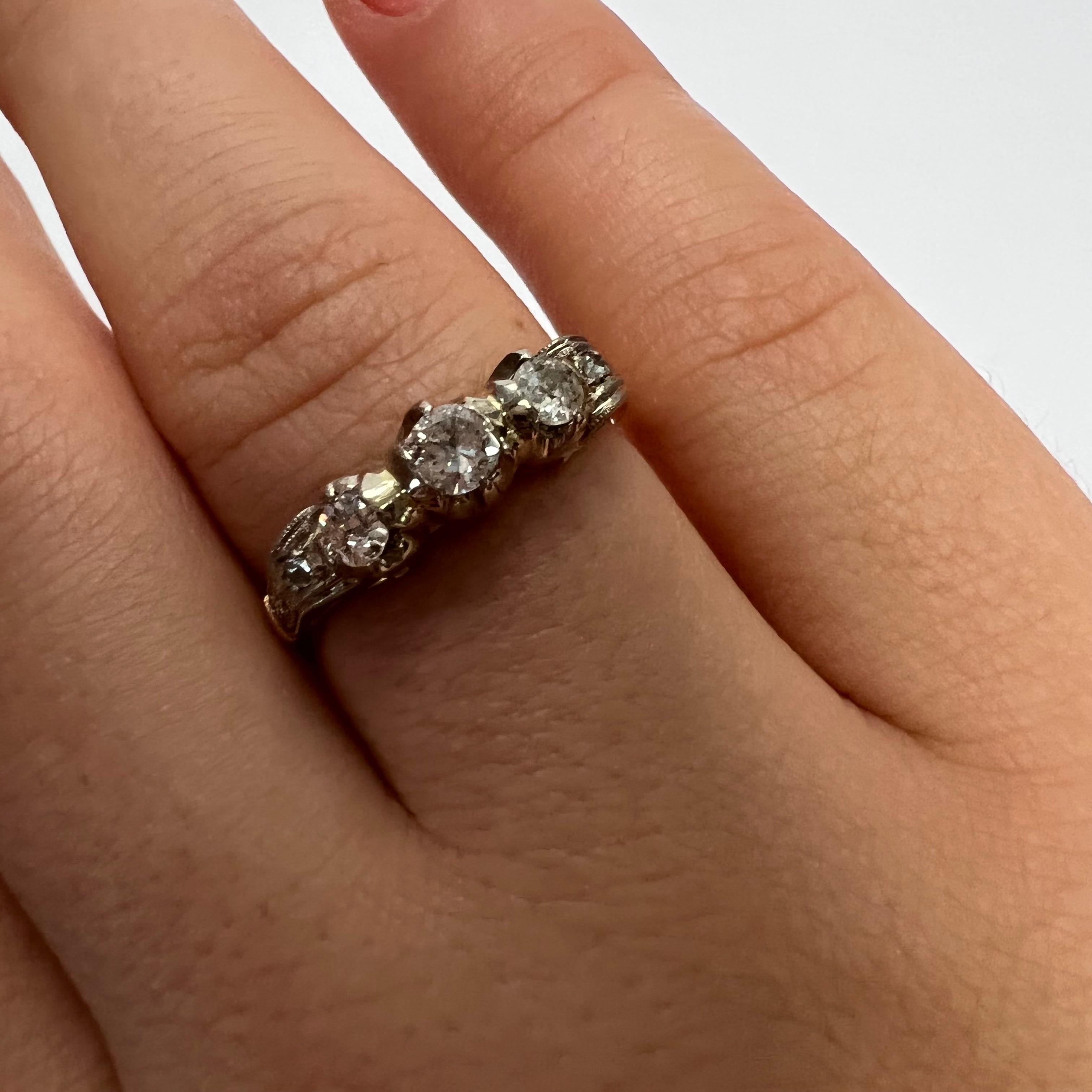 Vintage Edwardian Platinum and 18K Yellow Gold Engraved Diamond Ring For Sale 1