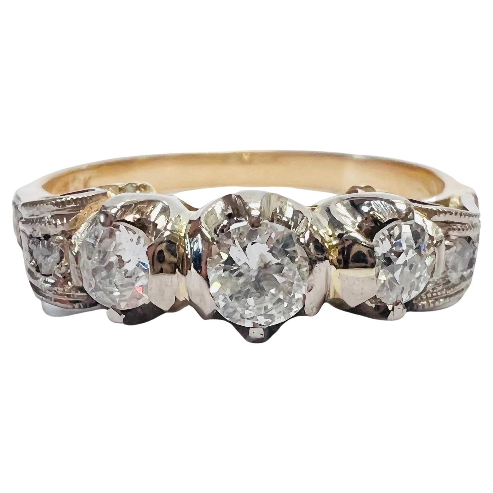 Vintage Edwardian Platinum and 18K Yellow Gold Engraved Diamond Ring For Sale