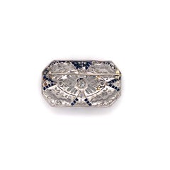 Vintage Edwardian Platinum Diamond and Sapphire Filigree Brooch