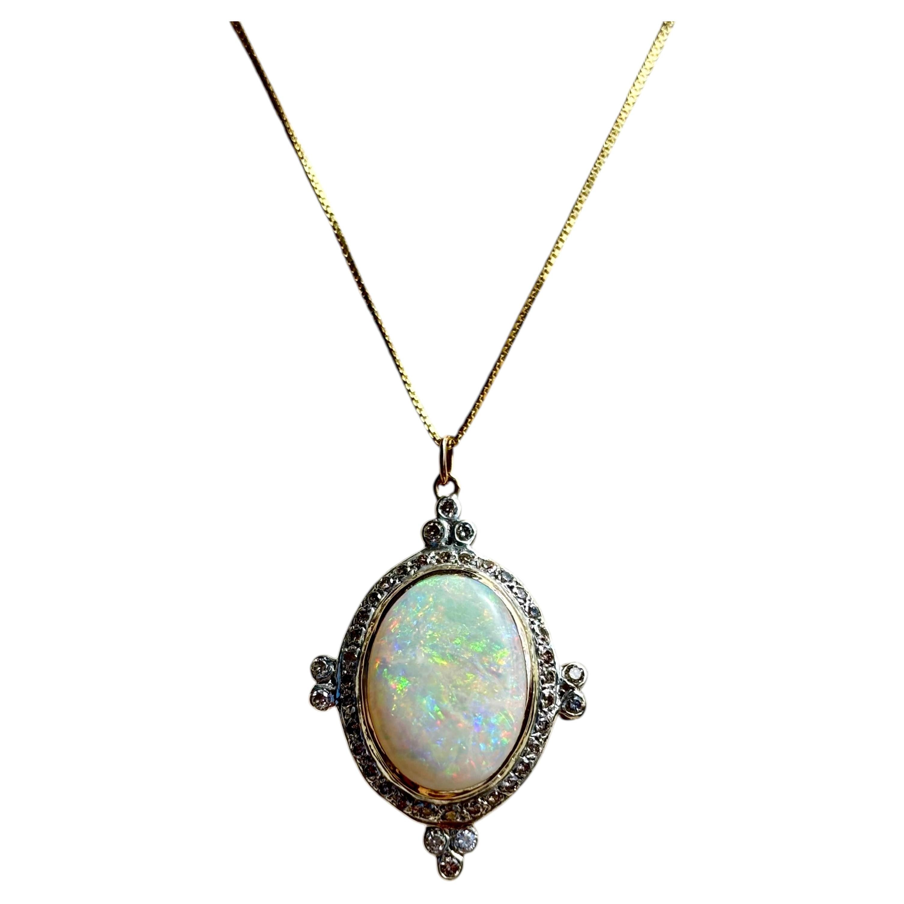 Vintage Edwardian Revival Opal and Diamond 18k Gold Pendant Necklace & 18K chain