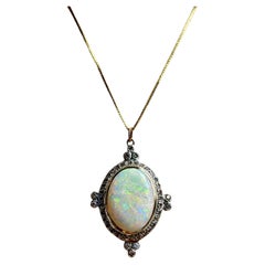 Vintage Edwardian Revival Opal and Diamond 18k Gold Pendant Necklace & 18K chain