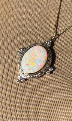 Vintage Edwardian Revival Opal and Diamond 18k GoldPendant Necklace & 18K chain