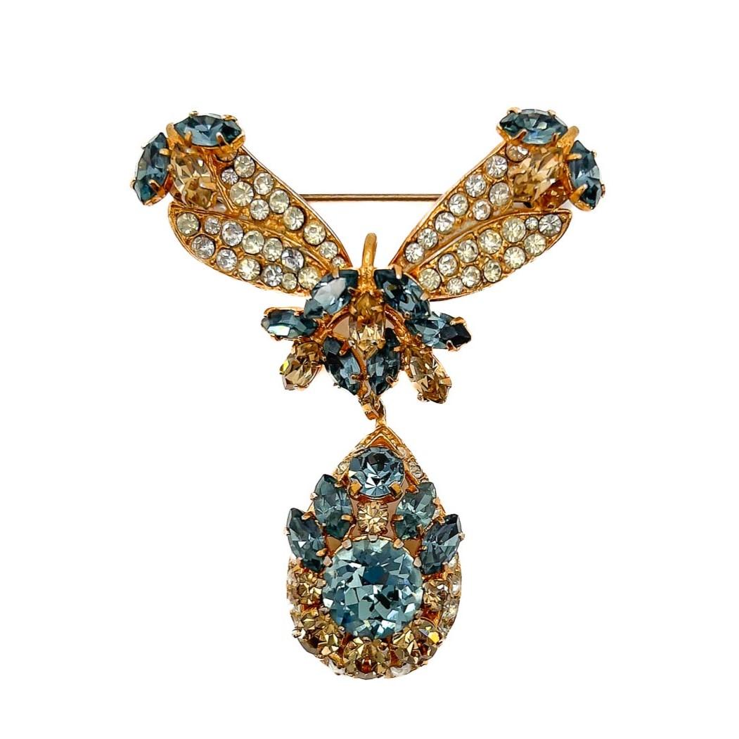 Vintage Edwardian Style Blue & Champagne Topaz Brooch 1950s For Sale