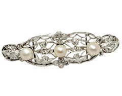 Vintage Edwardian Style Diamond and Pearl Filigree Brooch 14 Karat White Gold