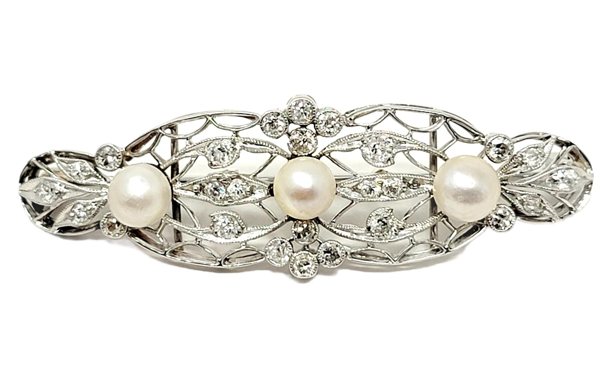 Round Cut Vintage Edwardian Style Diamond and Pearl Filigree Brooch 14 Karat White Gold For Sale