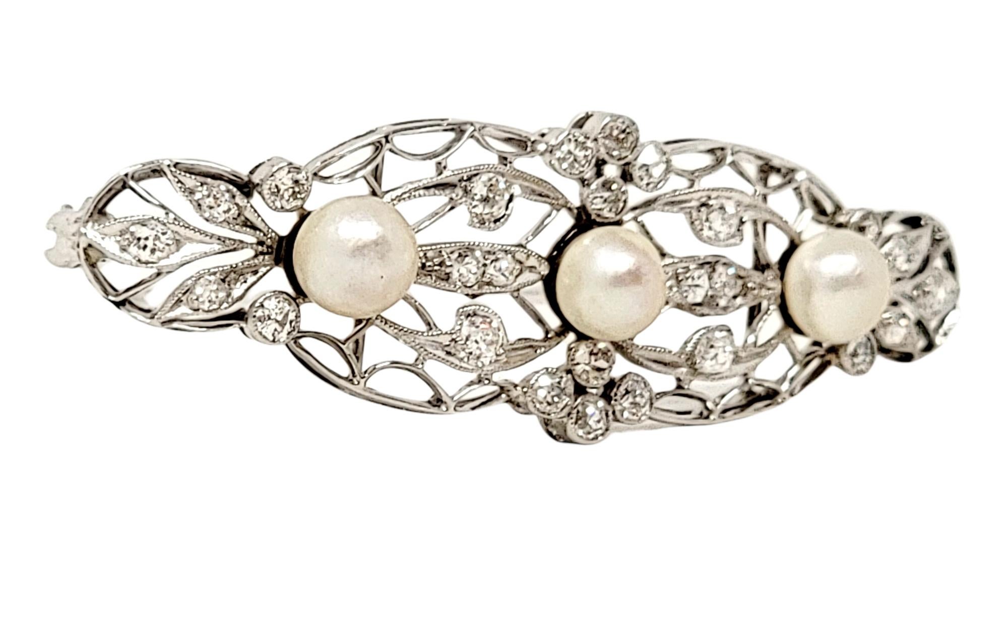 Vintage Edwardian Style Diamond and Pearl Filigree Brooch 14 Karat White Gold In Good Condition For Sale In Scottsdale, AZ
