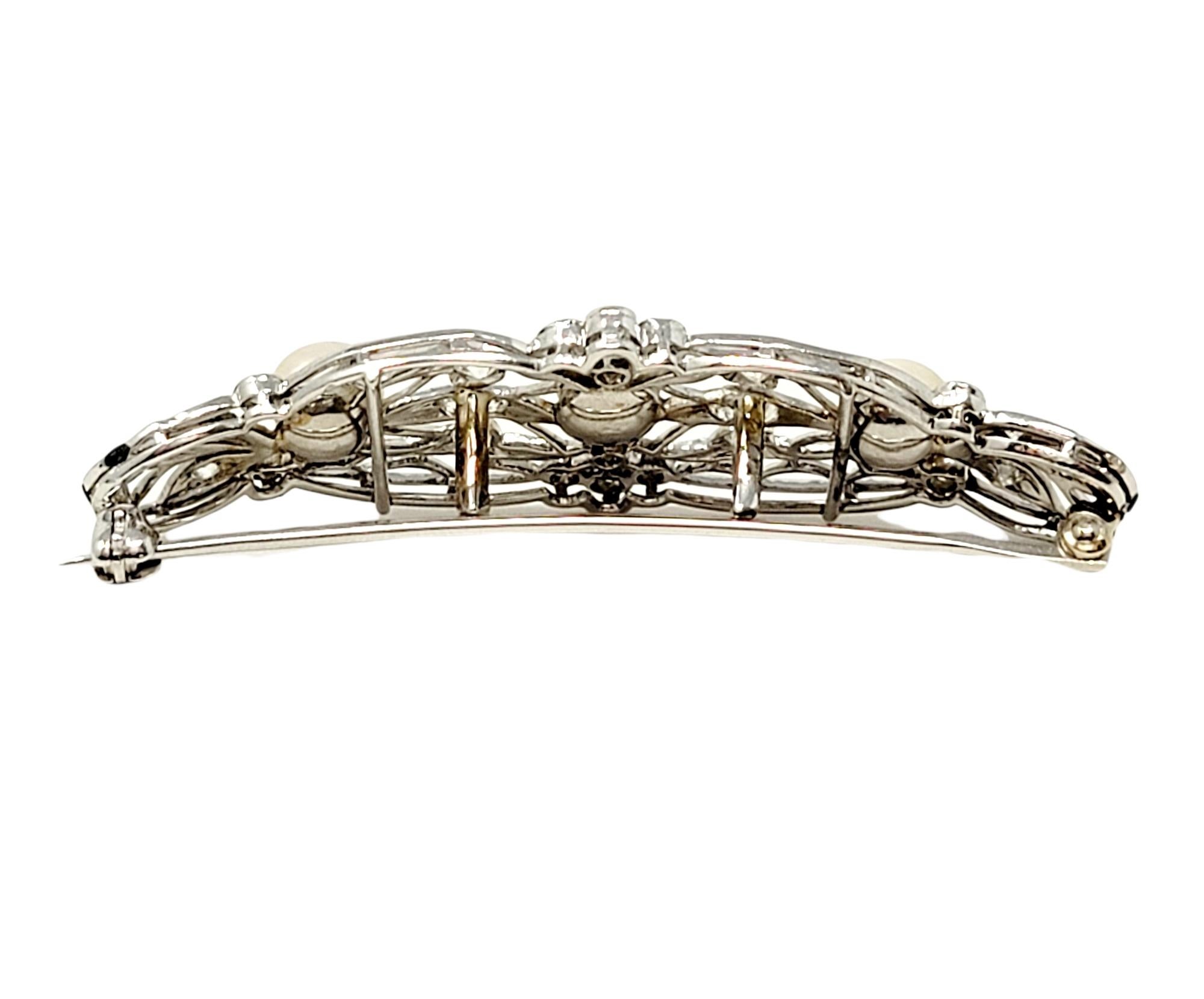 Women's Vintage Edwardian Style Diamond and Pearl Filigree Brooch 14 Karat White Gold For Sale