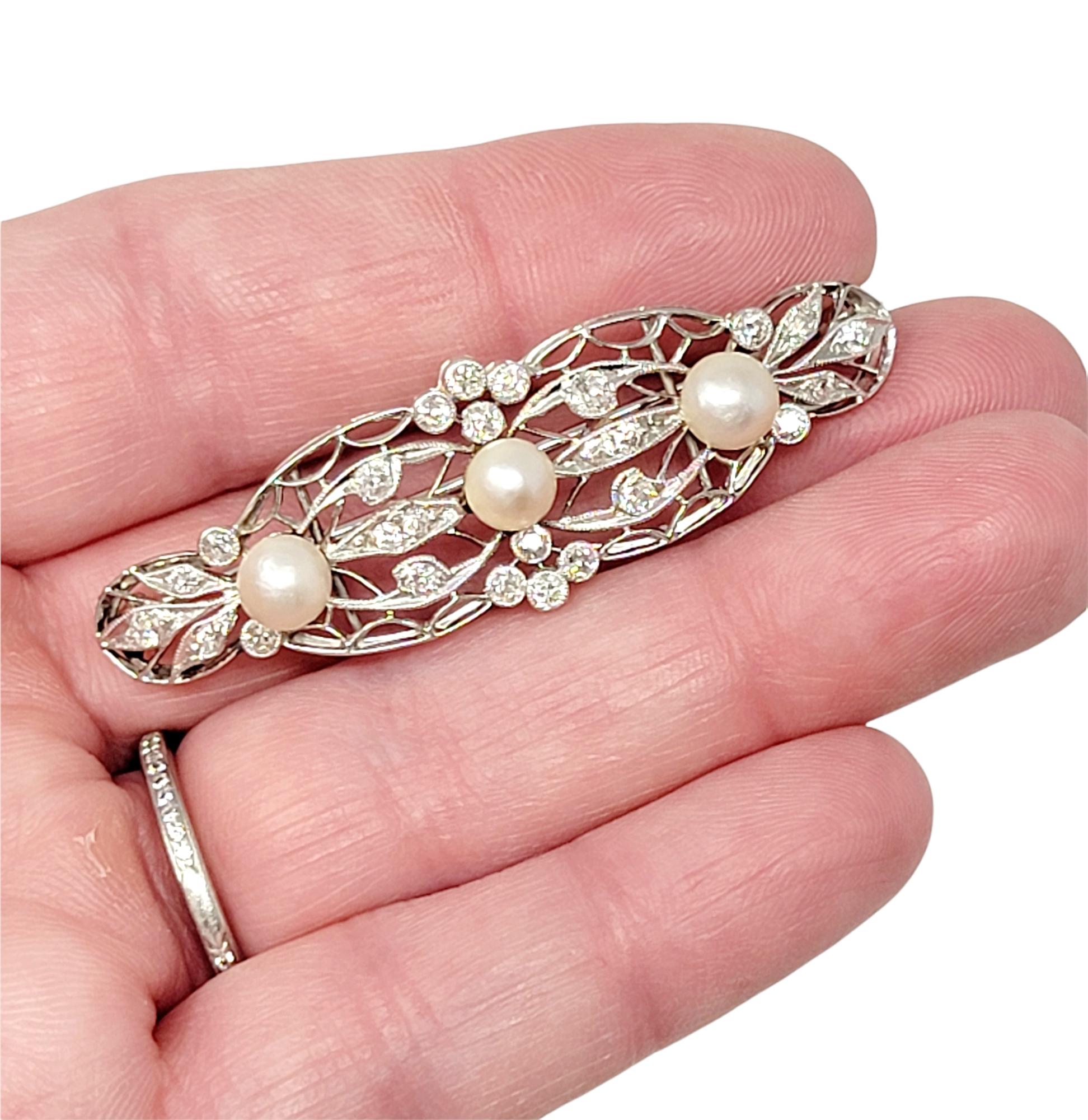 Vintage Edwardian Style Diamond and Pearl Filigree Brooch 14 Karat White Gold For Sale 3