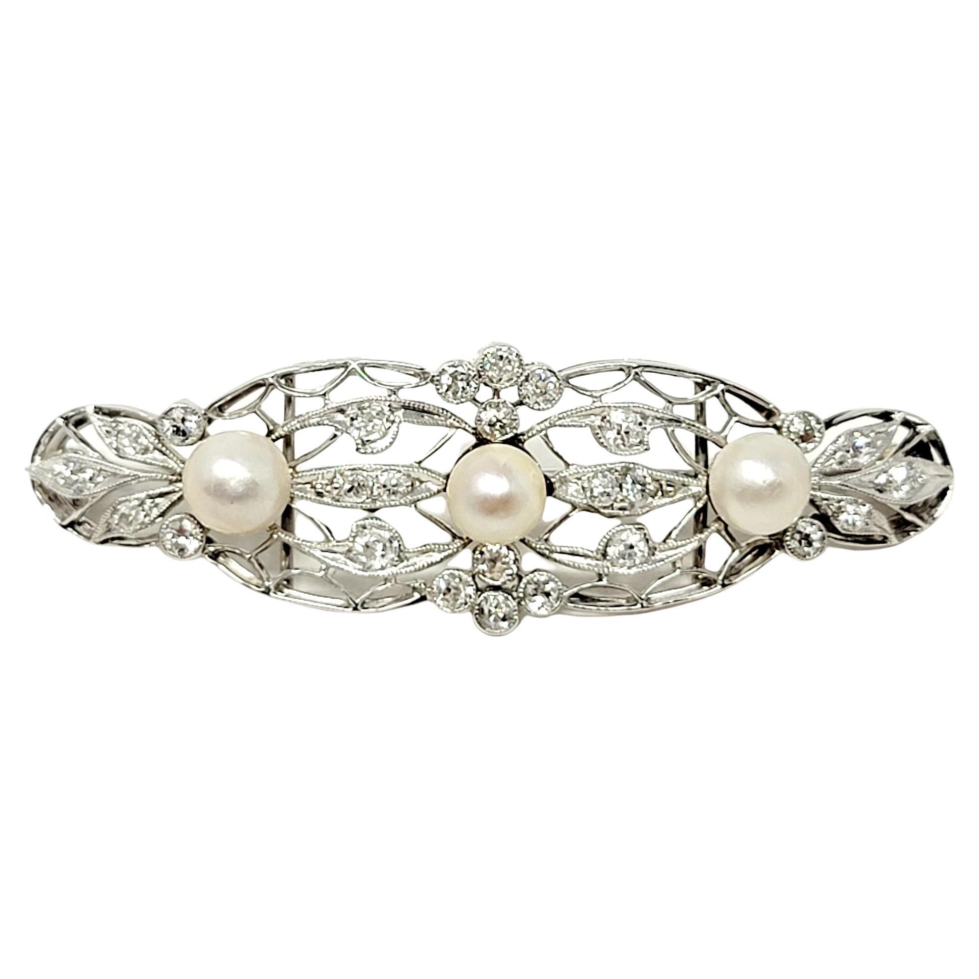 Vintage Edwardian Style Diamond and Pearl Filigree Brooch 14 Karat White Gold For Sale