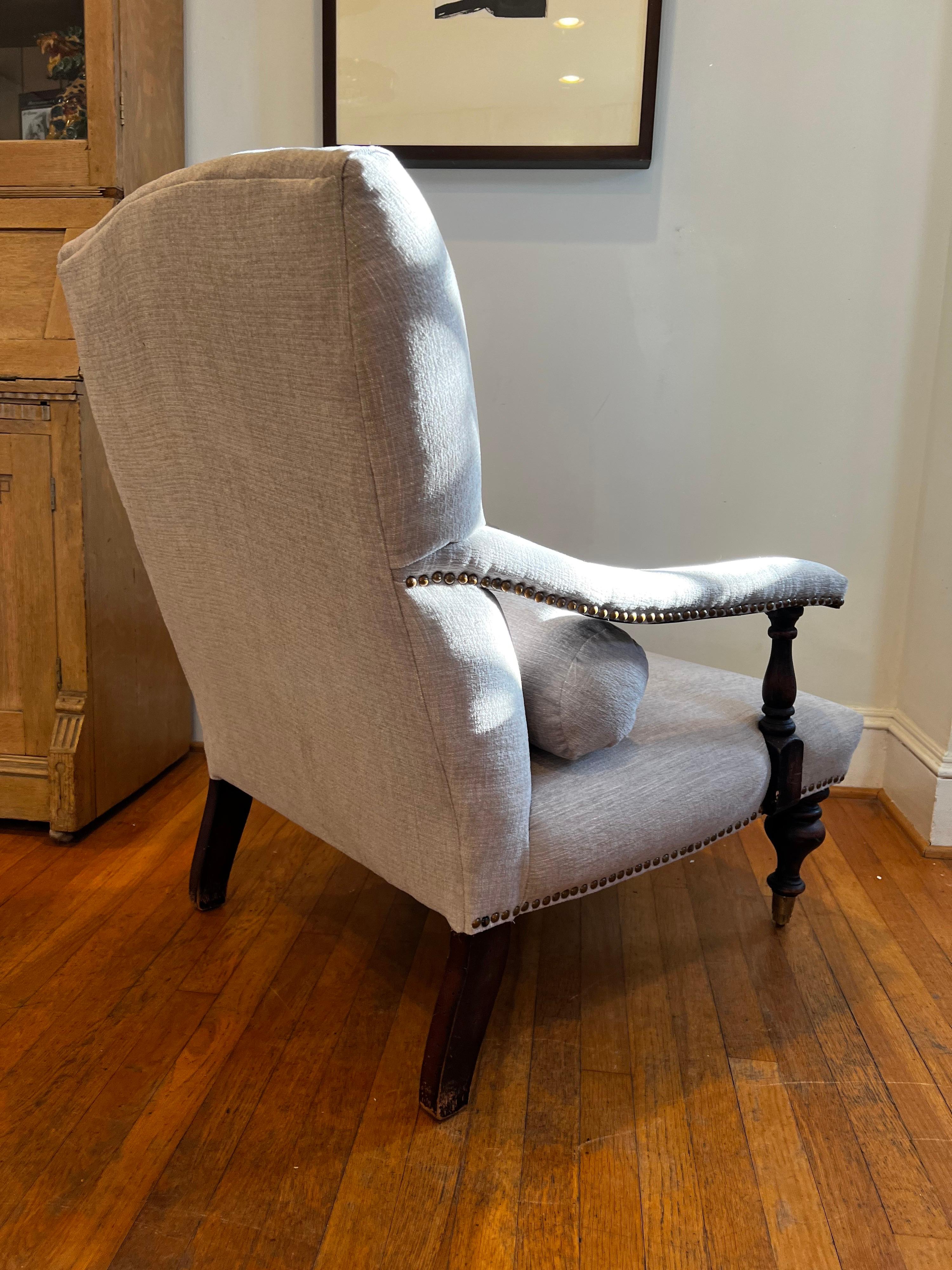 Vintage Edwardian Style English Library Armchair on Castors with Nailheads In Good Condition In Los Angeles, CA