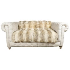 Vintage Edwardian Style Linen Upholstered Button Tufted Chesterfield Sofa