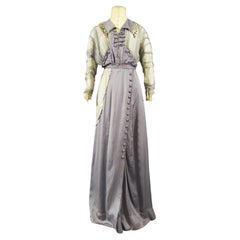 Vintage Edwardian Tea Gown Circa 1905 Grey Satin Muslin Floral Print