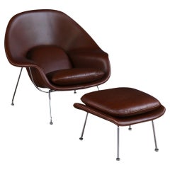 Vintage Eero Saarinen "Womb" Cognac Leather Chair w/ Ottoman for Knoll