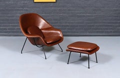 Vintage Eero Saarinen "Womb" Italian Cognac Leather Chair w/ Ottoman for Knoll