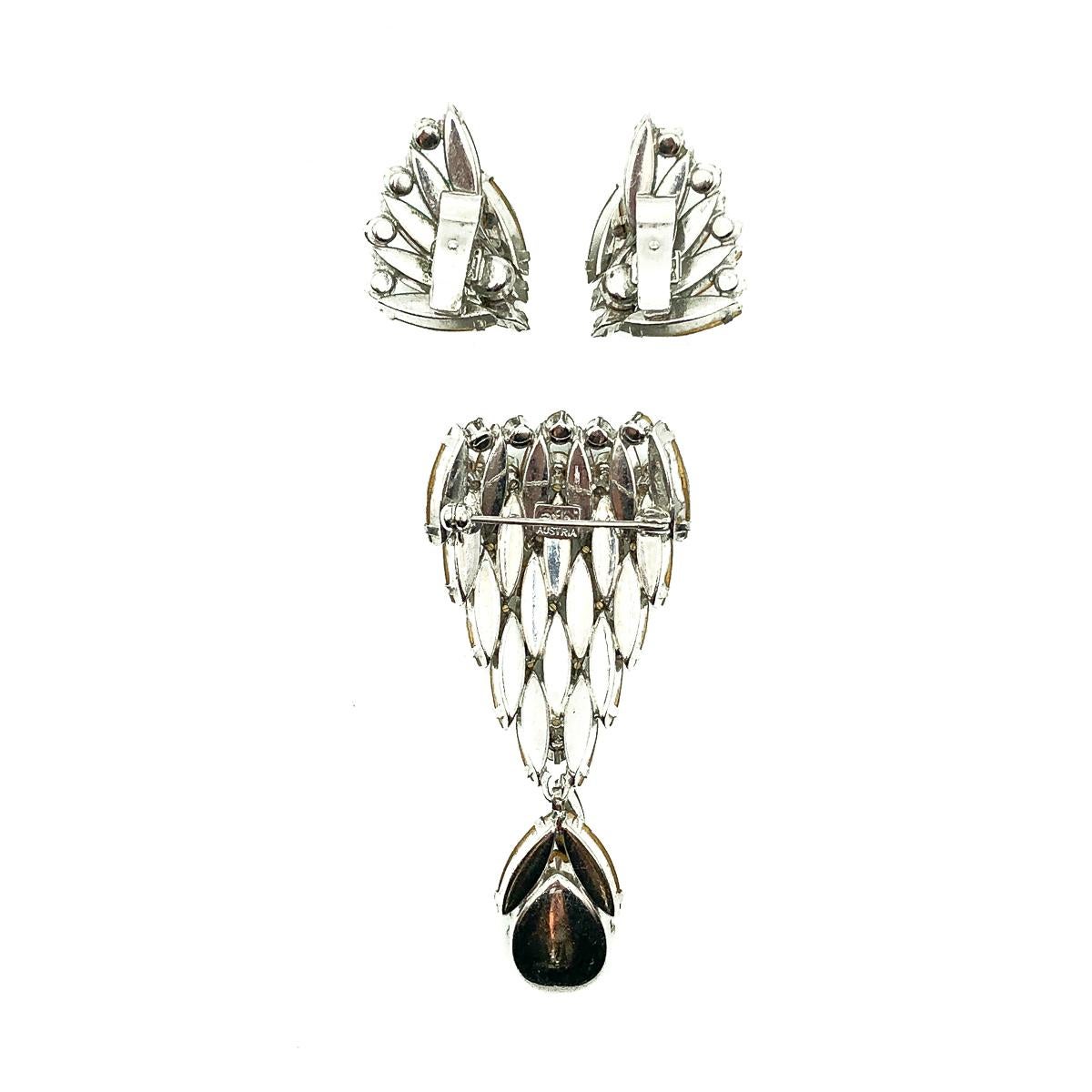Vintage EFBI Austria Emerald Crystal Earrings & Brooch Demi Parure, 1950s In Good Condition In Wilmslow, GB
