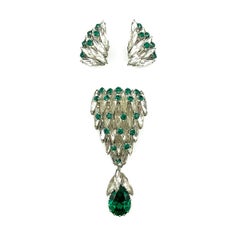 Retro EFBI Austria Emerald Crystal Earrings & Brooch Demi Parure, 1950s