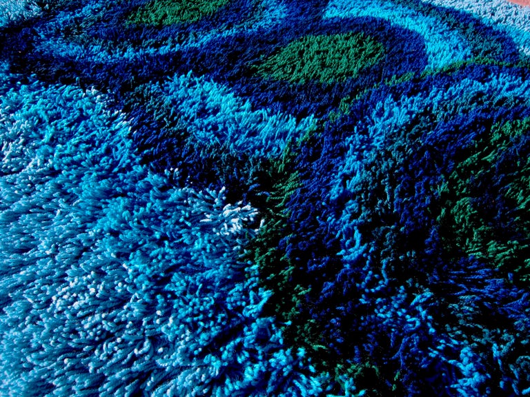Vintage EGE Denmark Abstract Rya Rug in Blue and Green Shag Pile, 80
