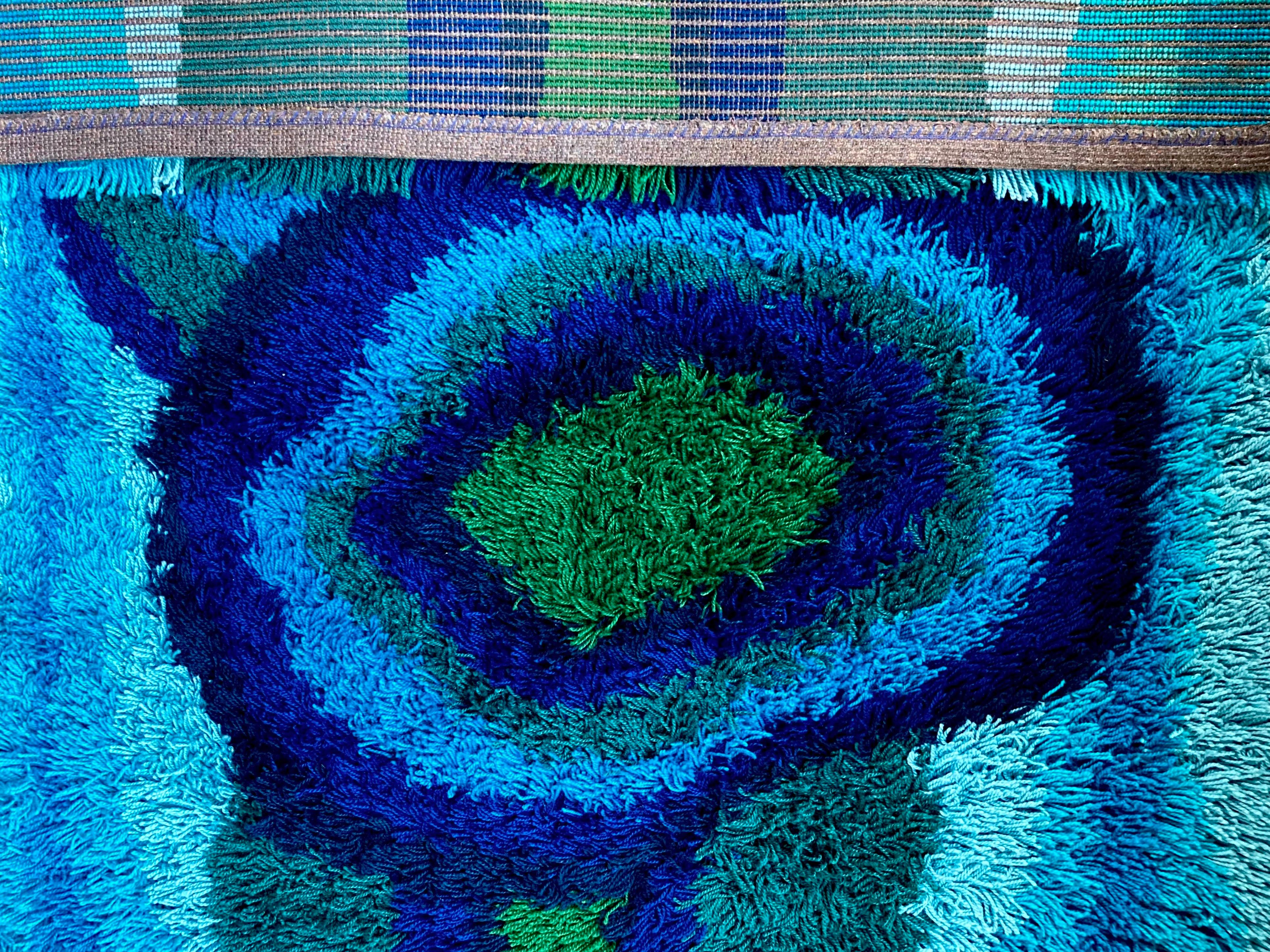 Mid-Century Modern Vintage EGE Denmark Abstract Rya Rug in Blue and Green Shag Pile, 80
