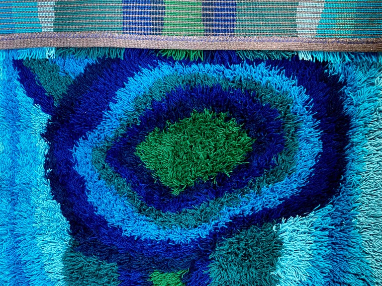 Vintage EGE Denmark Abstract Rya Rug in Blue and Green Shag Pile, 80" x 55”  at 1stDibs