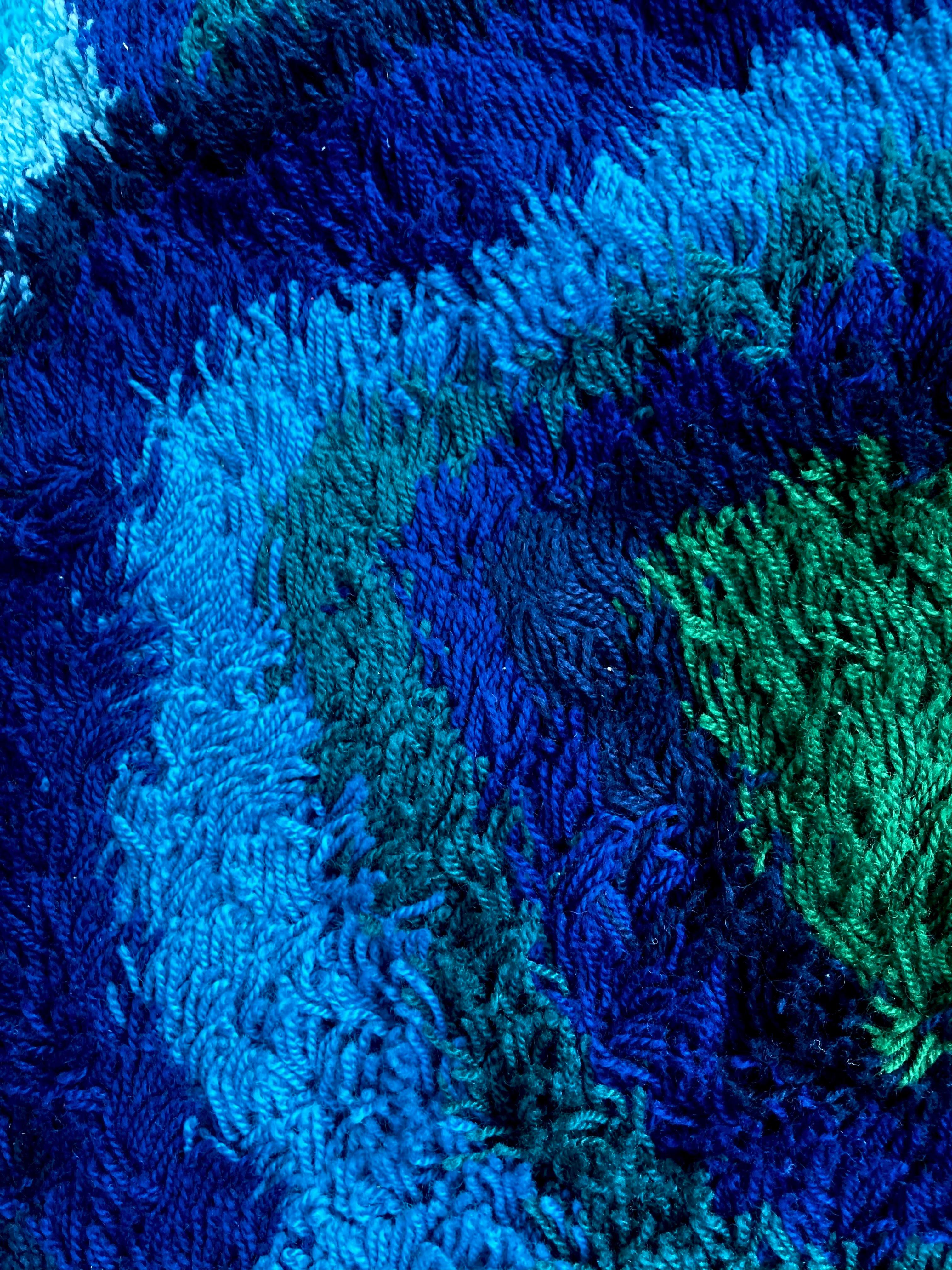 Danish Vintage EGE Denmark Abstract Rya Rug in Blue and Green Shag Pile, 80