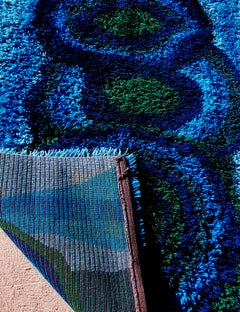 Vintage EGE Denmark Abstract Rya Rug in Blue and Green Shag Pile, 80" x 55”