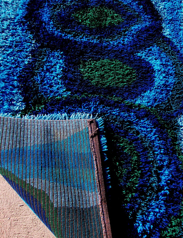 Vintage EGE Denmark Abstract Rya Rug in Blue and Green Shag Pile, 80
