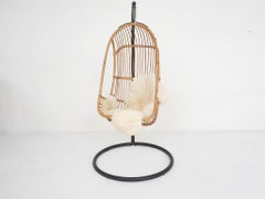 Vintage egg shaped bamboo hanging chair on metal base, 1960's