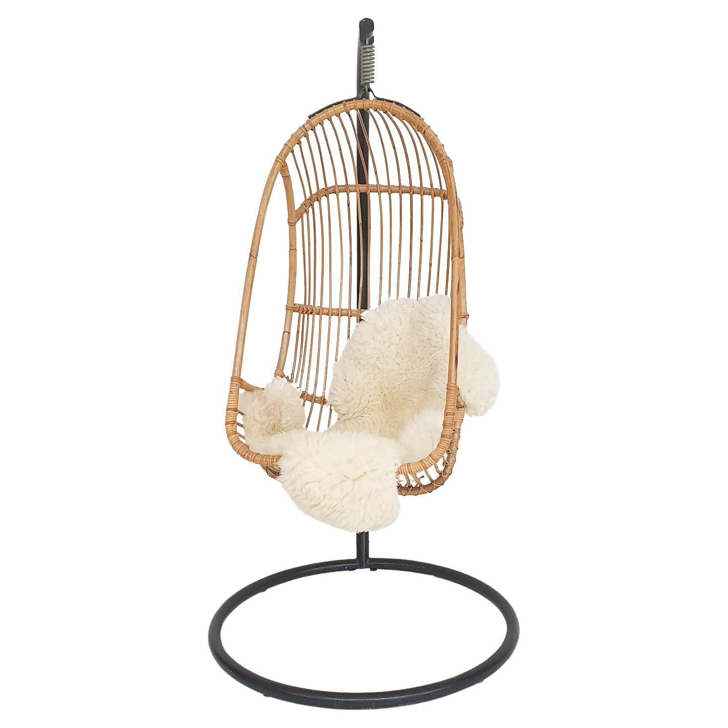 Vintage egg shaped bamboo hanging chair on metal base, 1960's For Sale