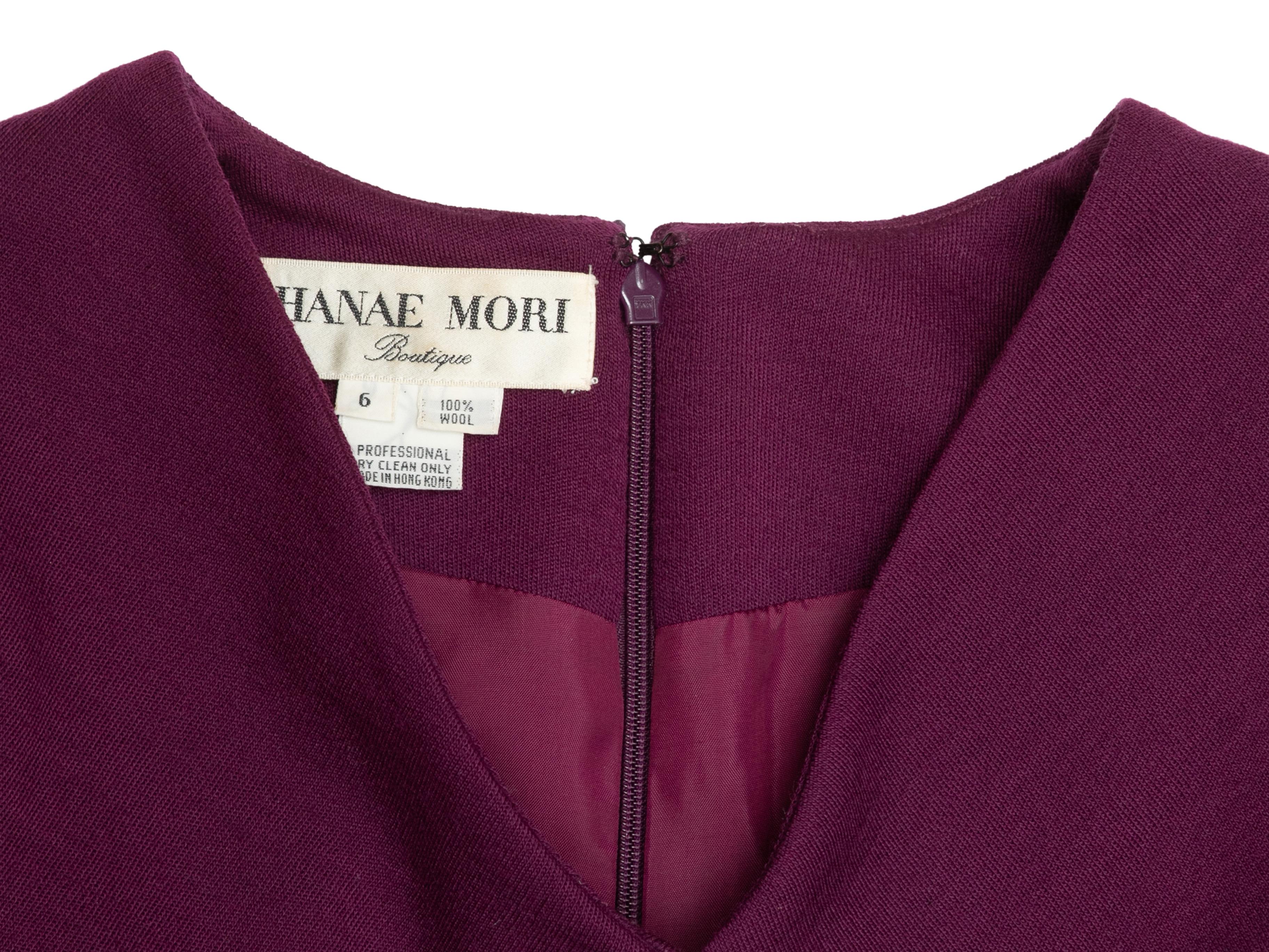 Vintage Eggplant Hanae Mori 1980s Wool Dress Size US 6 In Good Condition For Sale In New York, NY