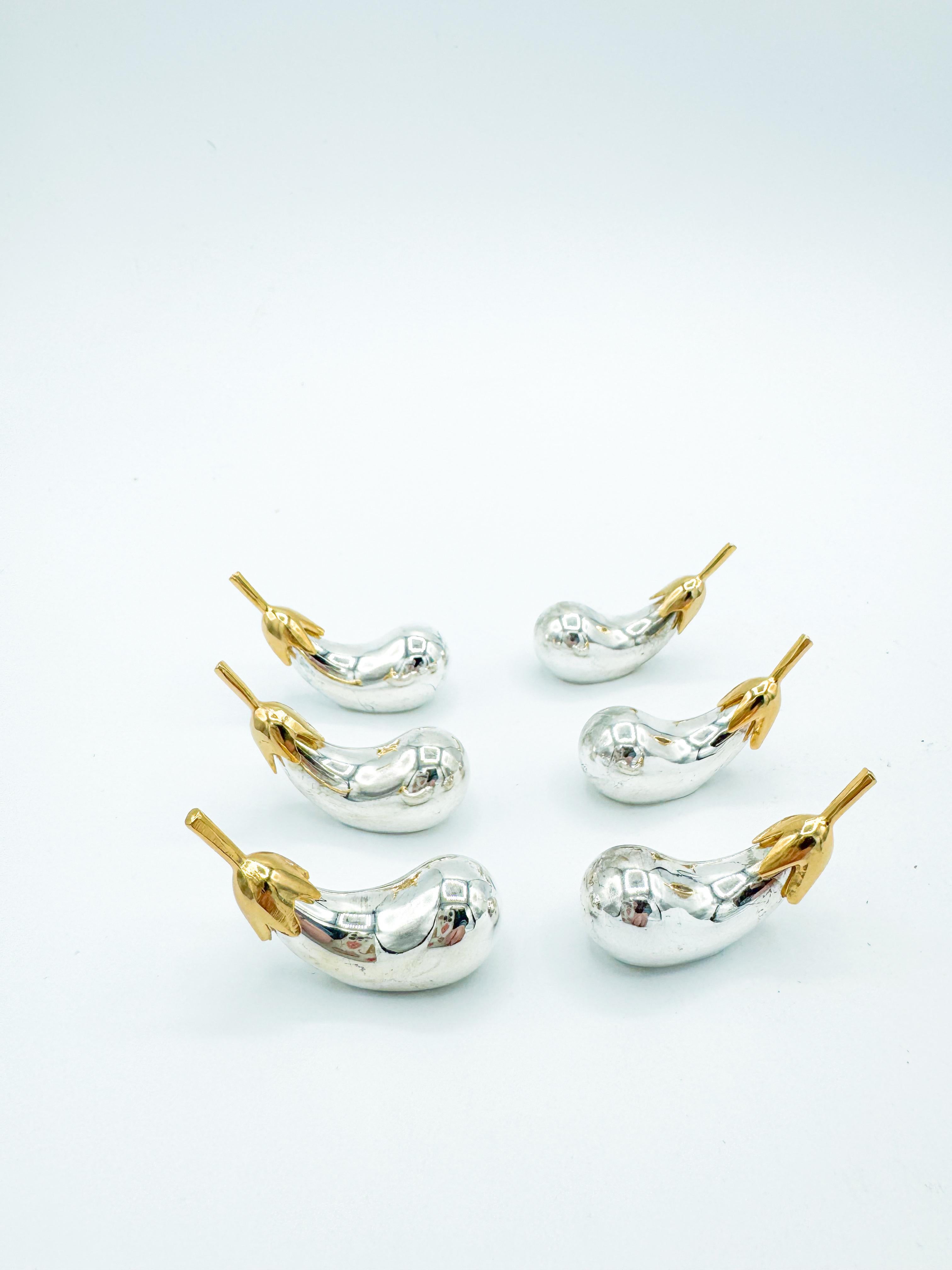Vintage Novelty Eggplant Silver and Gold Knife Rests Set of 6 Moderno de mediados de siglo en venta