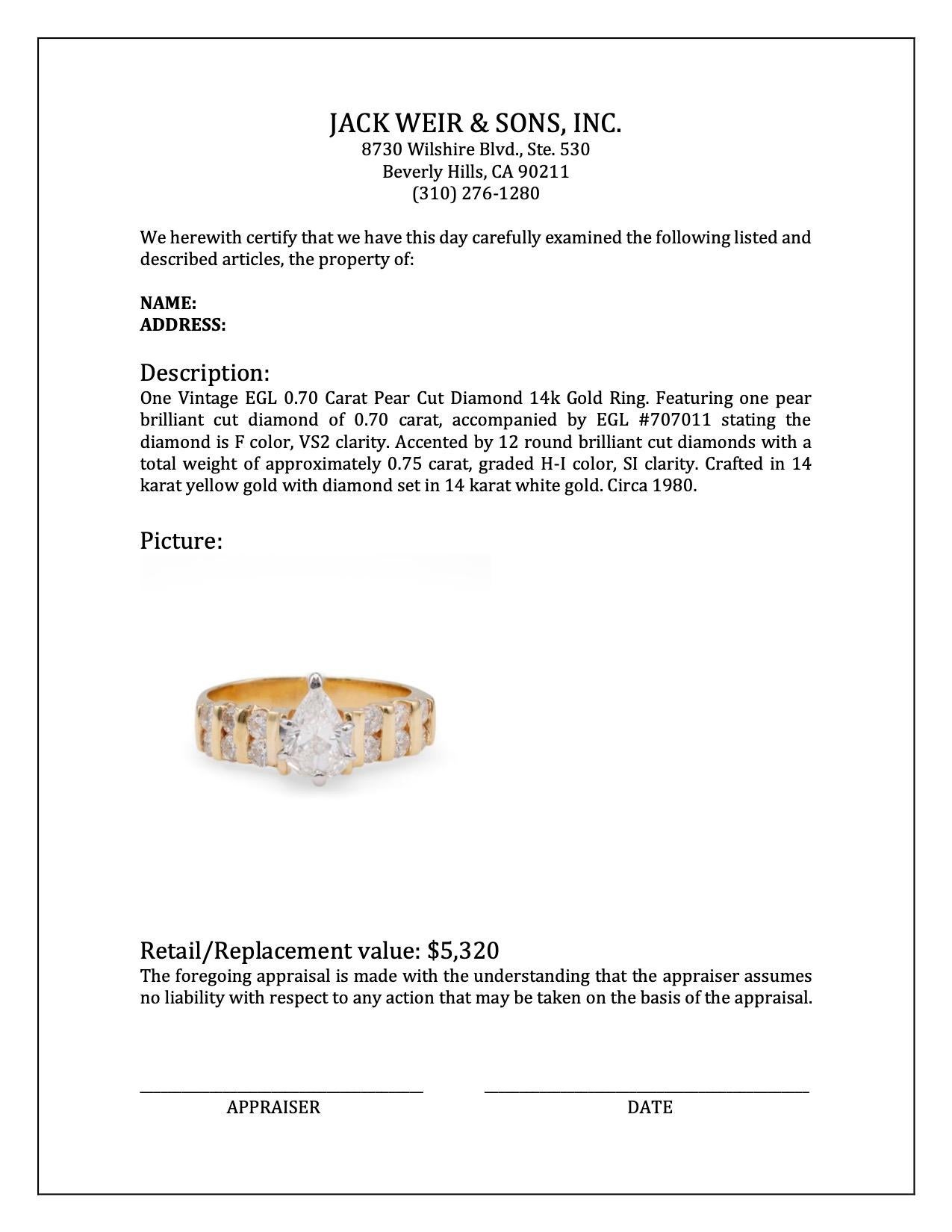Vintage EGL 0.70 Carat Pear Cut Diamond 14k Gold Ring For Sale 1