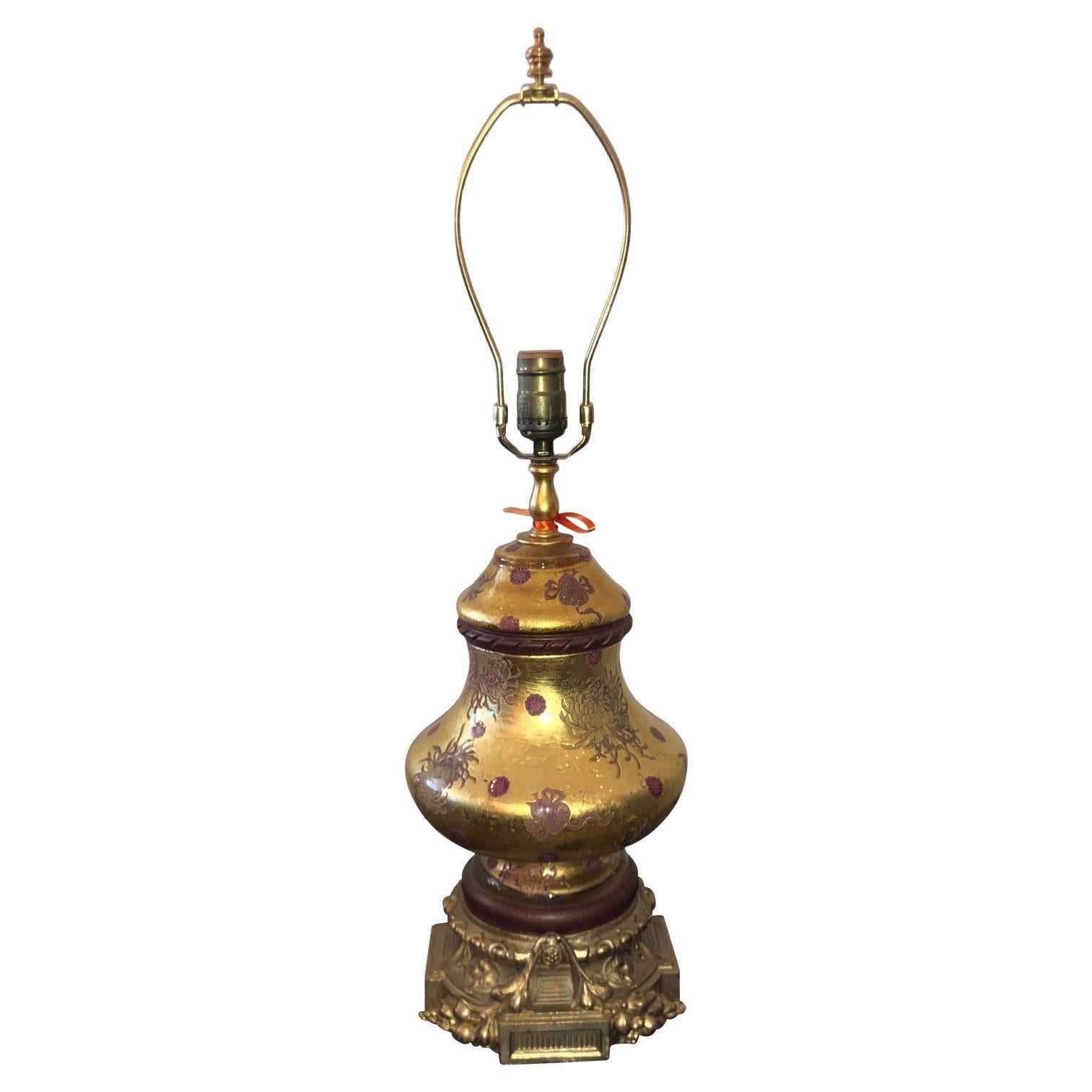 Vintage Eglomese French Art Glass & Gilt Bronze Table Lamp, Early 20th Century For Sale