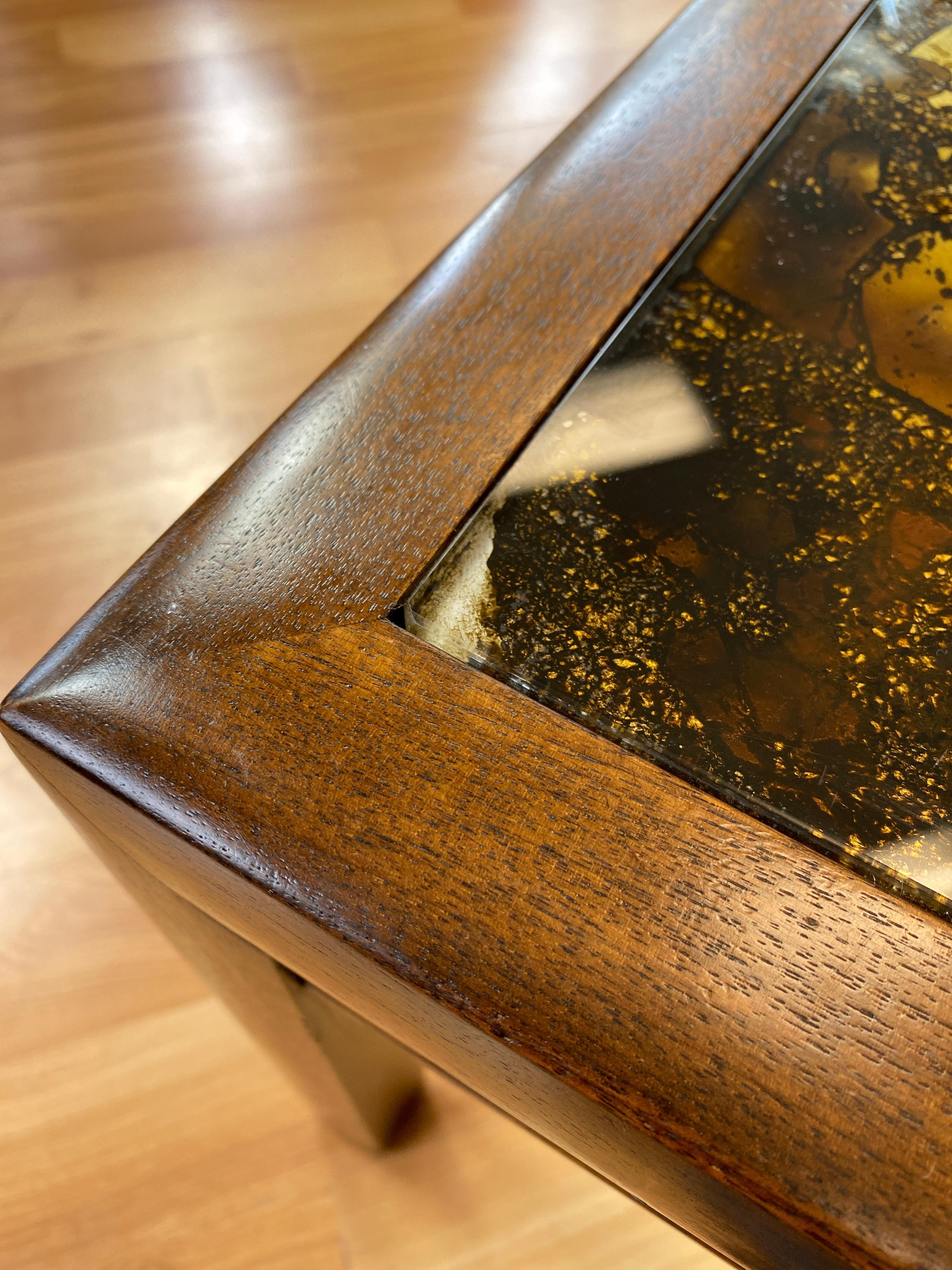 Late 20th Century Églomisé Gold Leaf and Hand-Painted Glass Top Teak Coffee Table, 1970s
