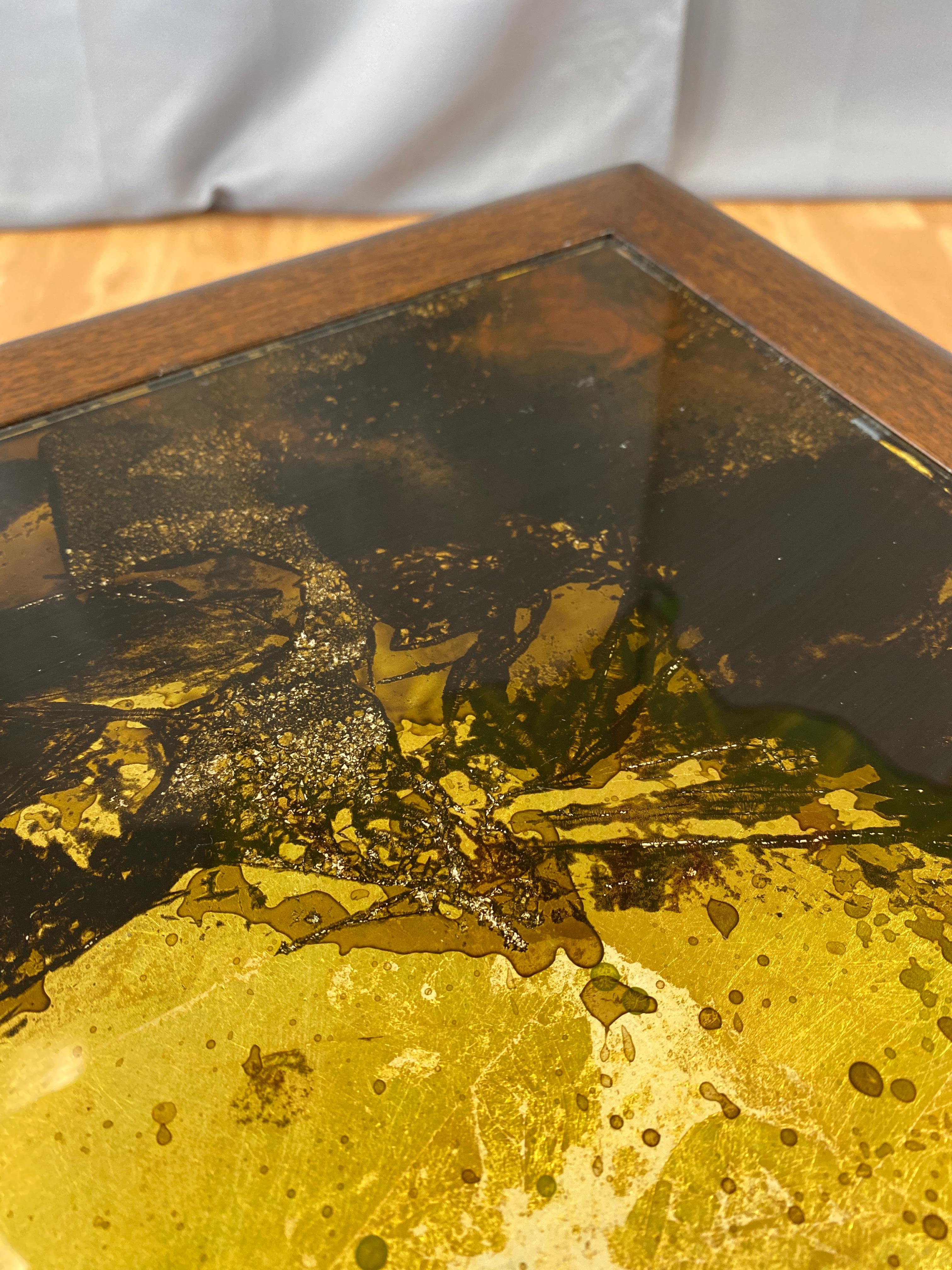 Églomisé Gold Leaf and Hand-Painted Glass Top Teak Coffee Table, 1970s 3