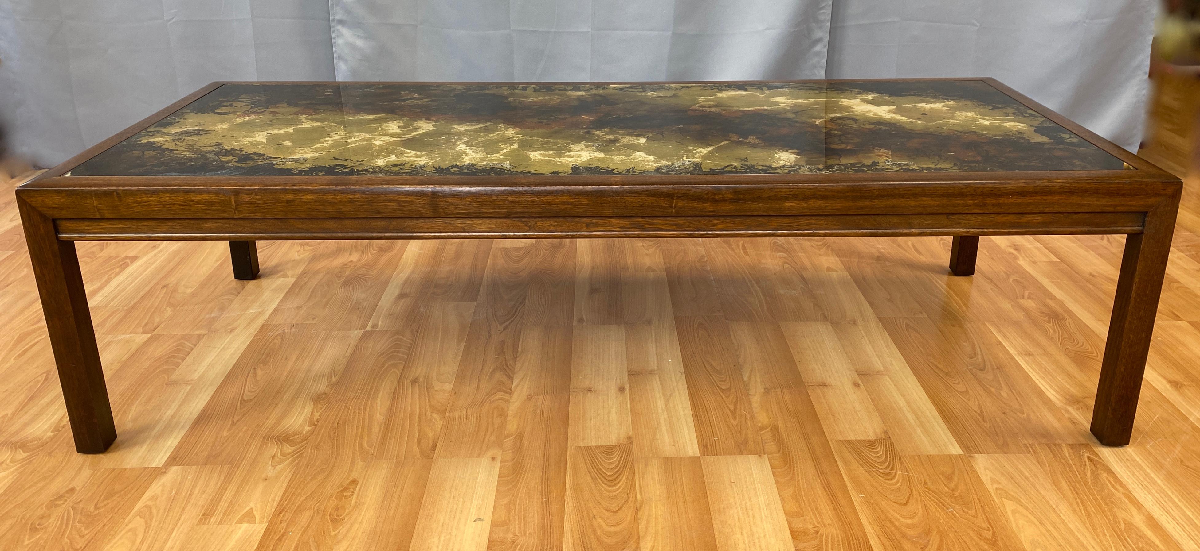 American Églomisé Gold Leaf and Hand-Painted Glass Top Teak Coffee Table, 1970s